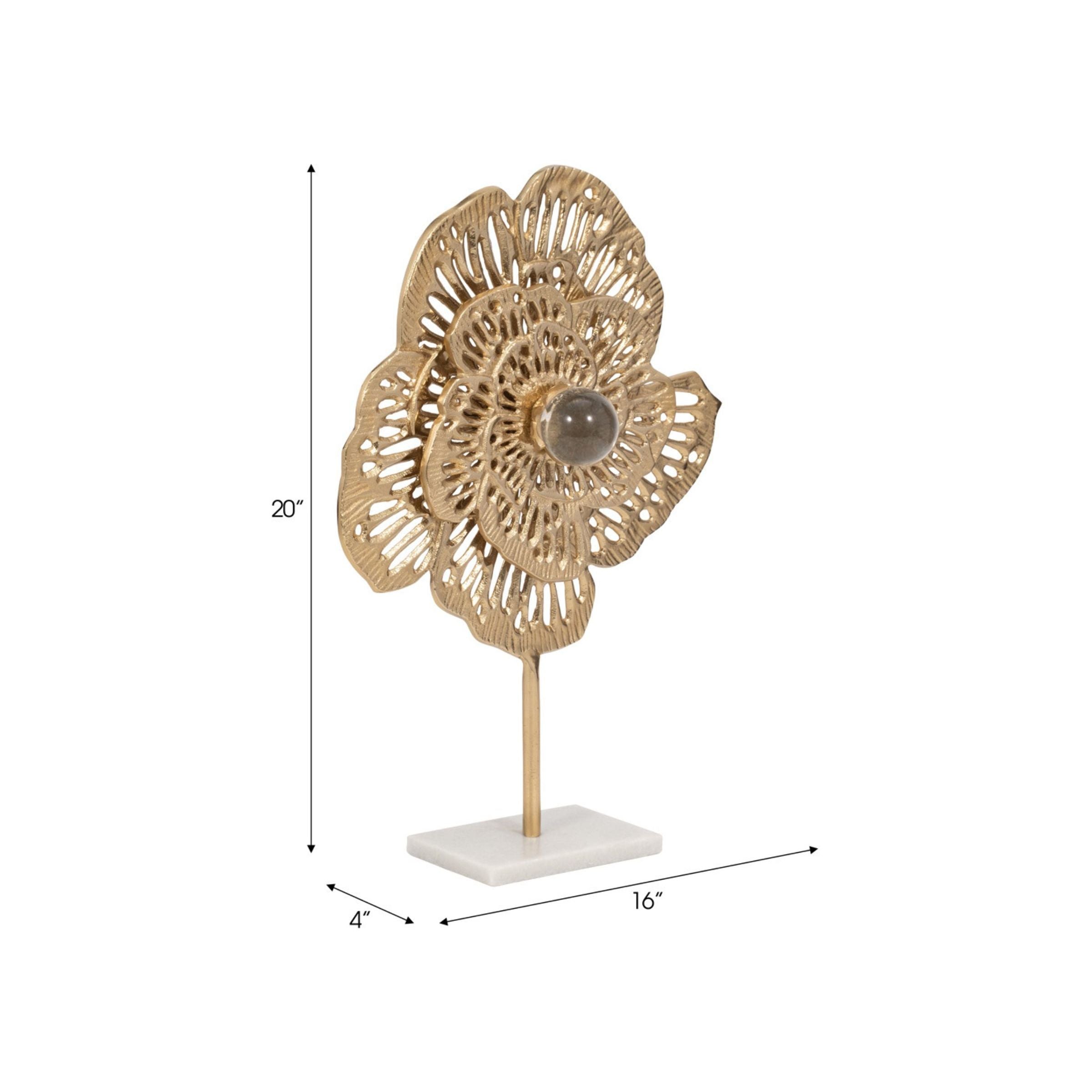 Gold metal flower sculpture on marble base, dimensions 20 inches tall, 16 inches wide.