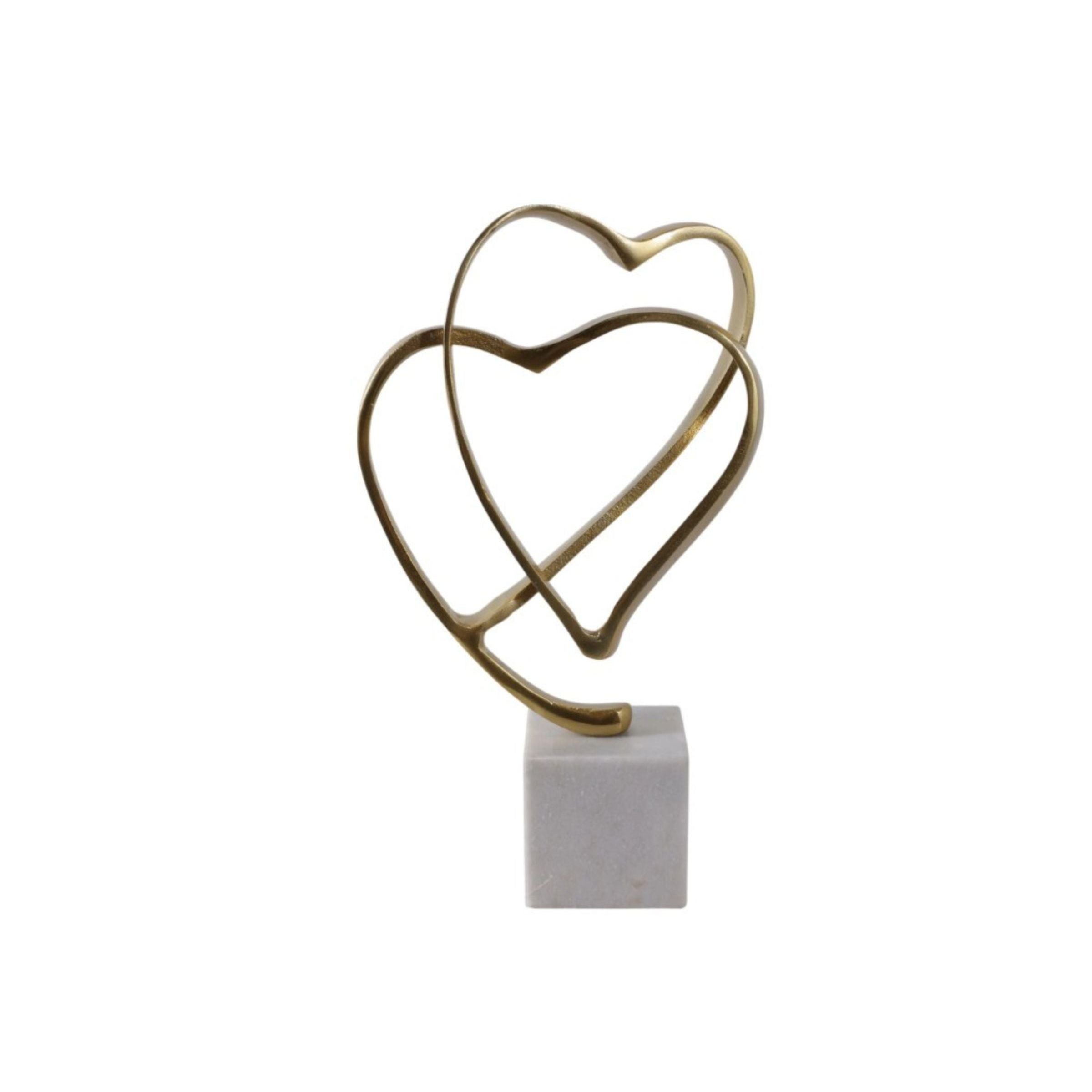 Gold Metal Double Hearts On Marble Base Sculpture 8"W x 13"H