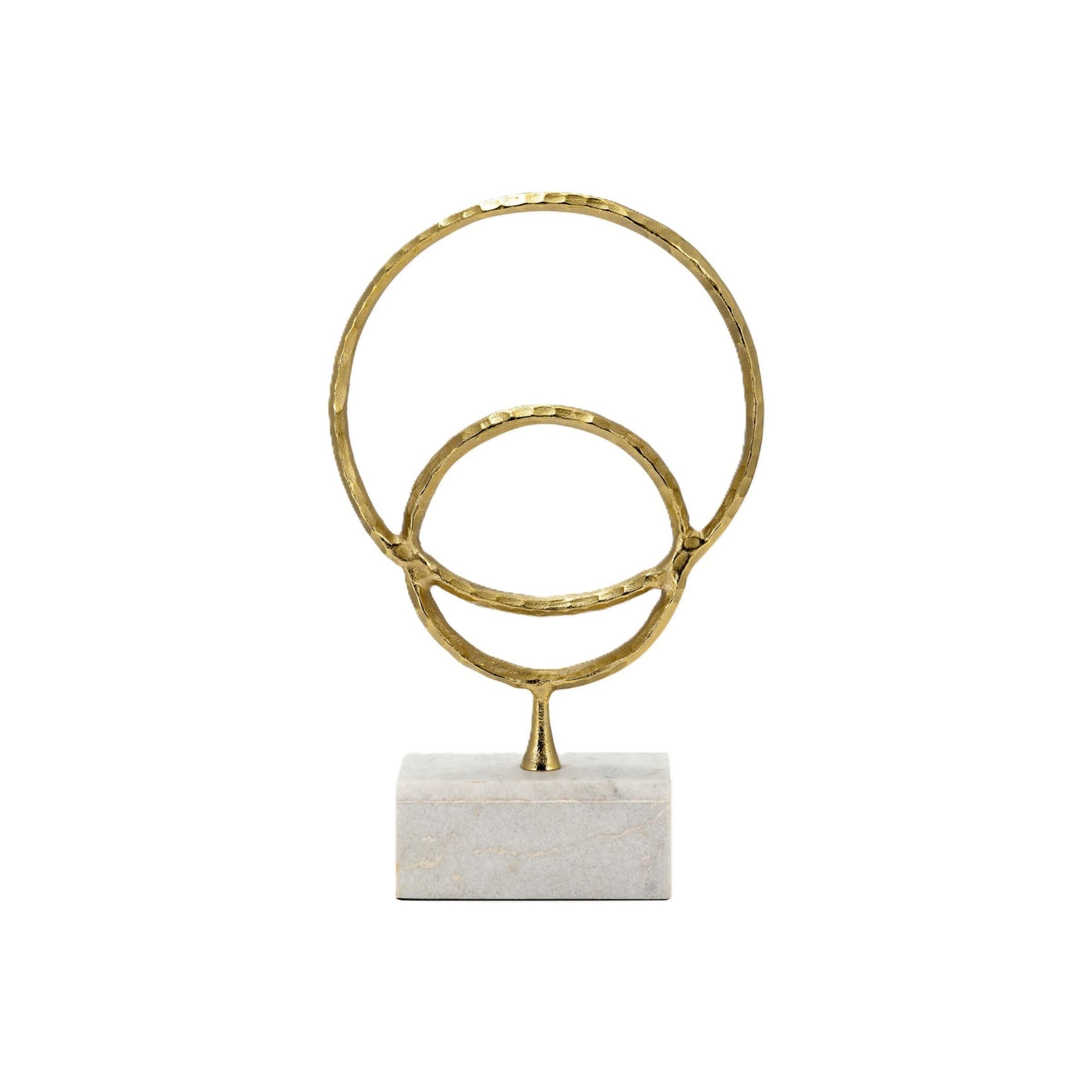 Gold Metal Double Ring On Marble Base Sculpture 13"W x 21"H