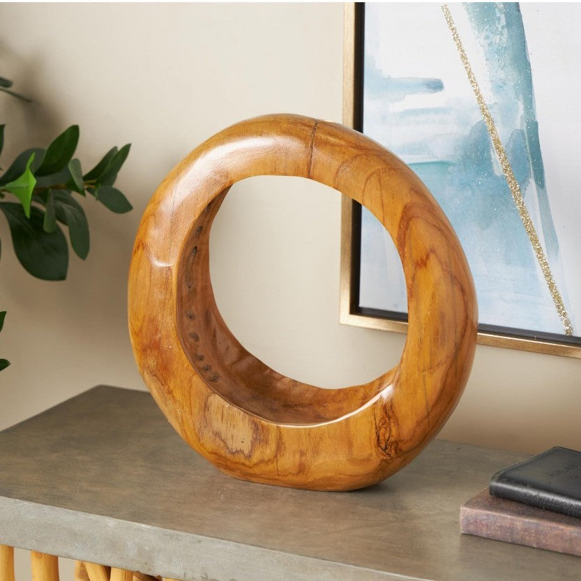 Large Teak Wood Round Sculpture 13"W x 14"H