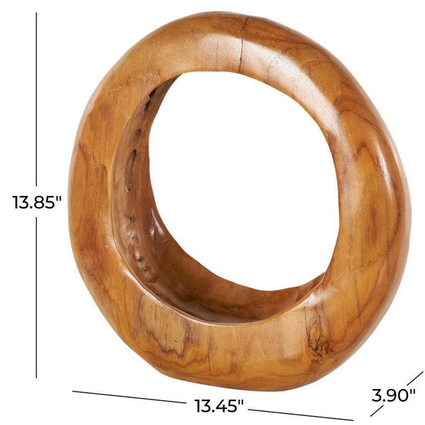 Large Teak Wood Round Sculpture 13"W x 14"H