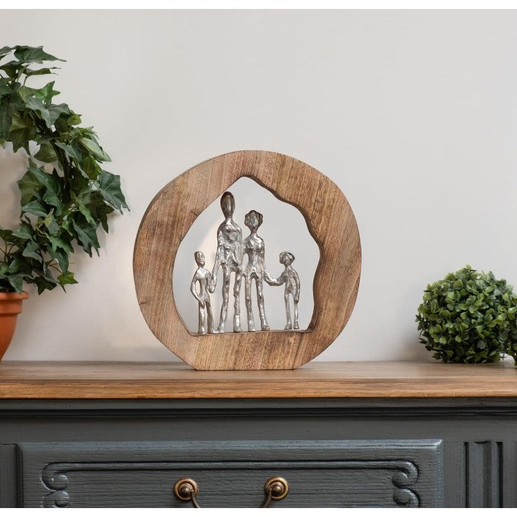 Silver and Brown Aluminum Family in Mango Wood DÃ©cor 12"W x 11"H