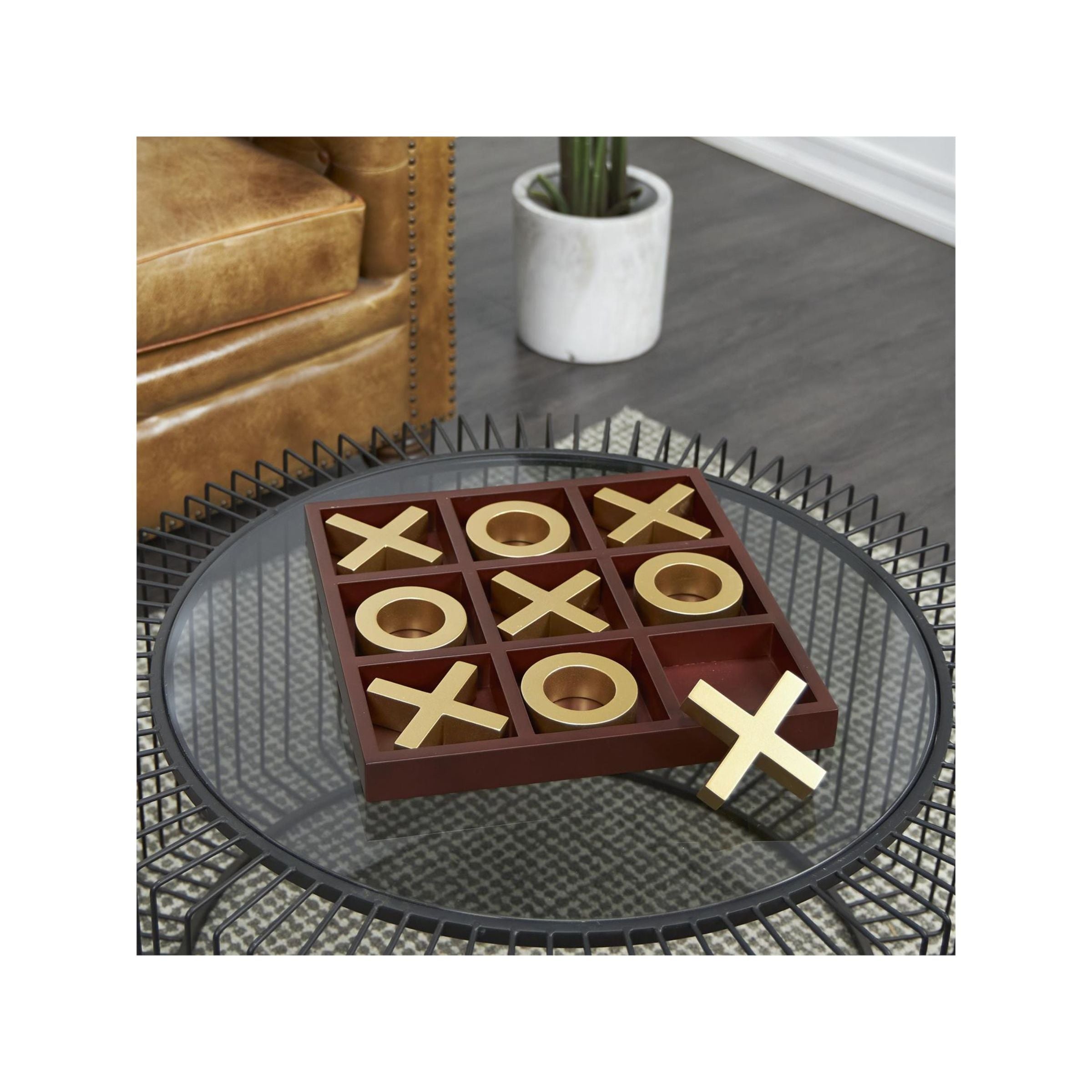 Brown and Gold Wood Tic Tac Toe Board 14"W x 2"H