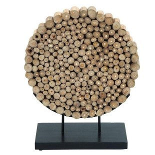 Brown Teak Wood Circle On Black Stand Handmade Sculpture 19"W x 24"H
