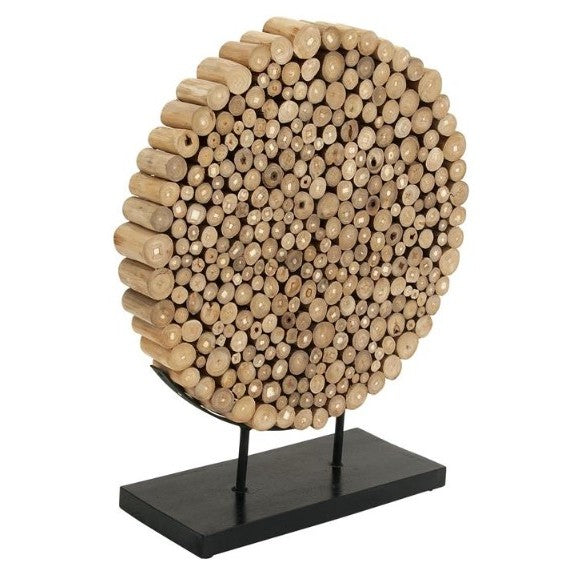 Brown Teak Wood Circle On Black Stand Handmade Sculpture 19"W x 24"H