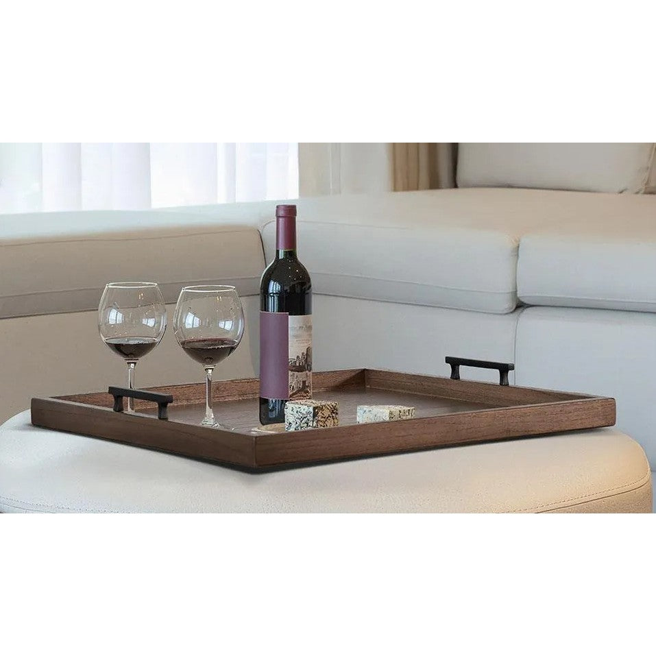 Cinder Wood Ottoman Tray With Metal Handles 24"W x 24"L