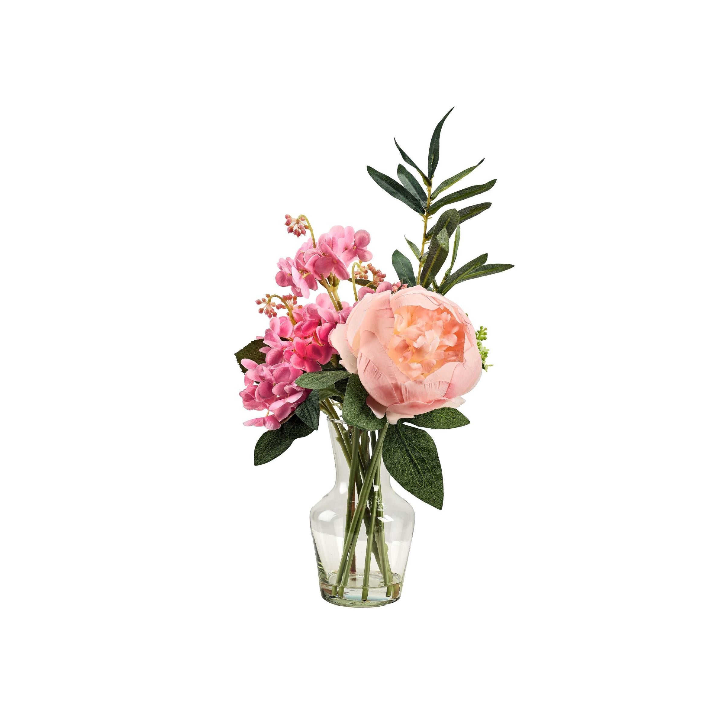 Glass vase with artificial pink flowers and greenery.