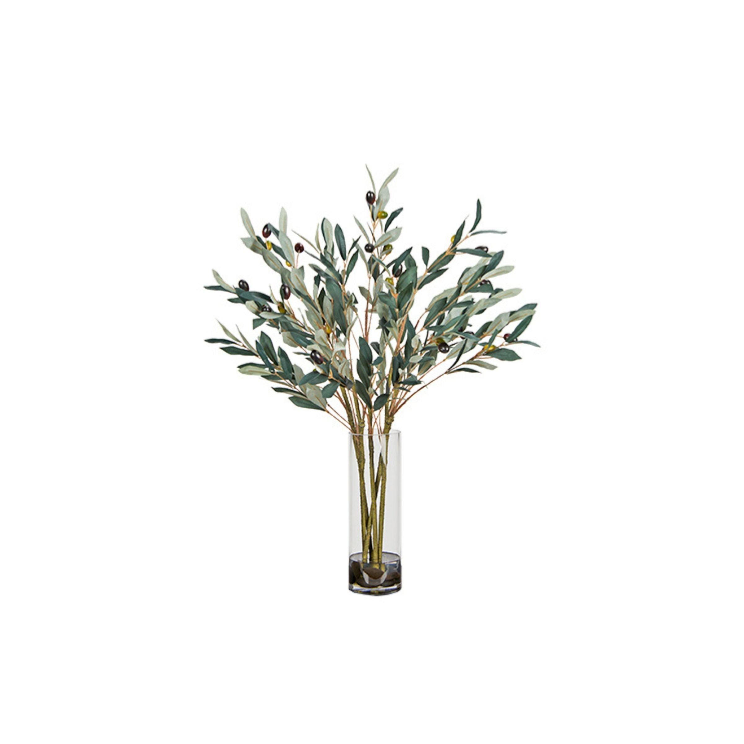 Artificial olive branch arrangement in a clear glass vase.