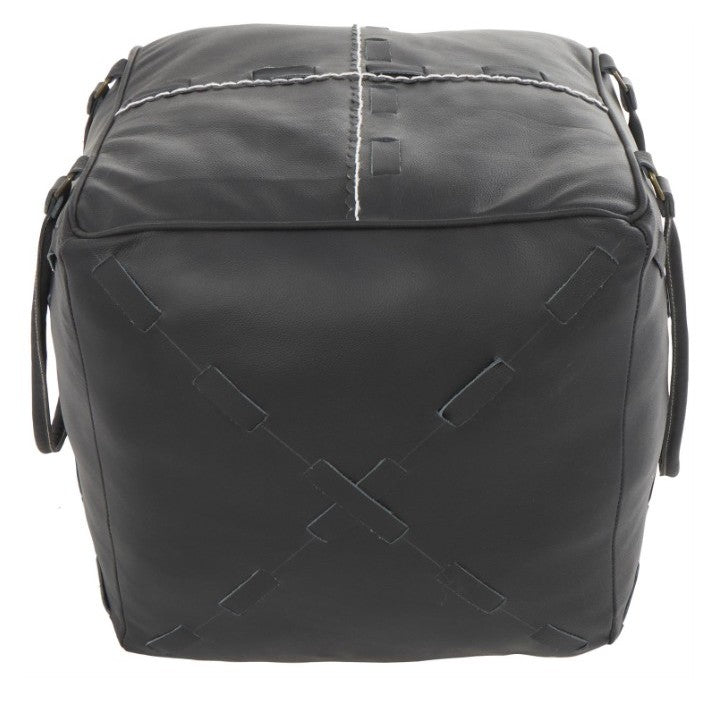 Black Leather Pouf With Handles 22"W x 19"H