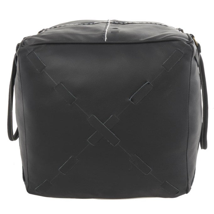 Black Leather Pouf With Handles 22"W x 19"H