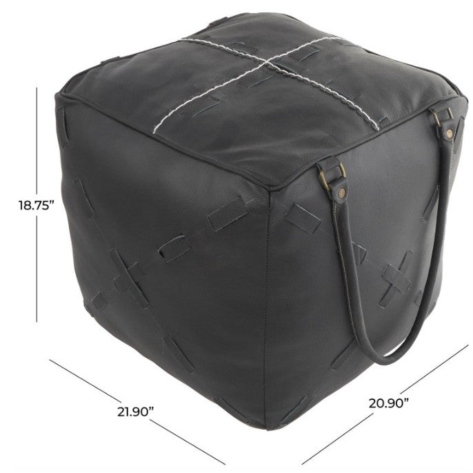 Black Leather Pouf With Handles 22"W x 19"H