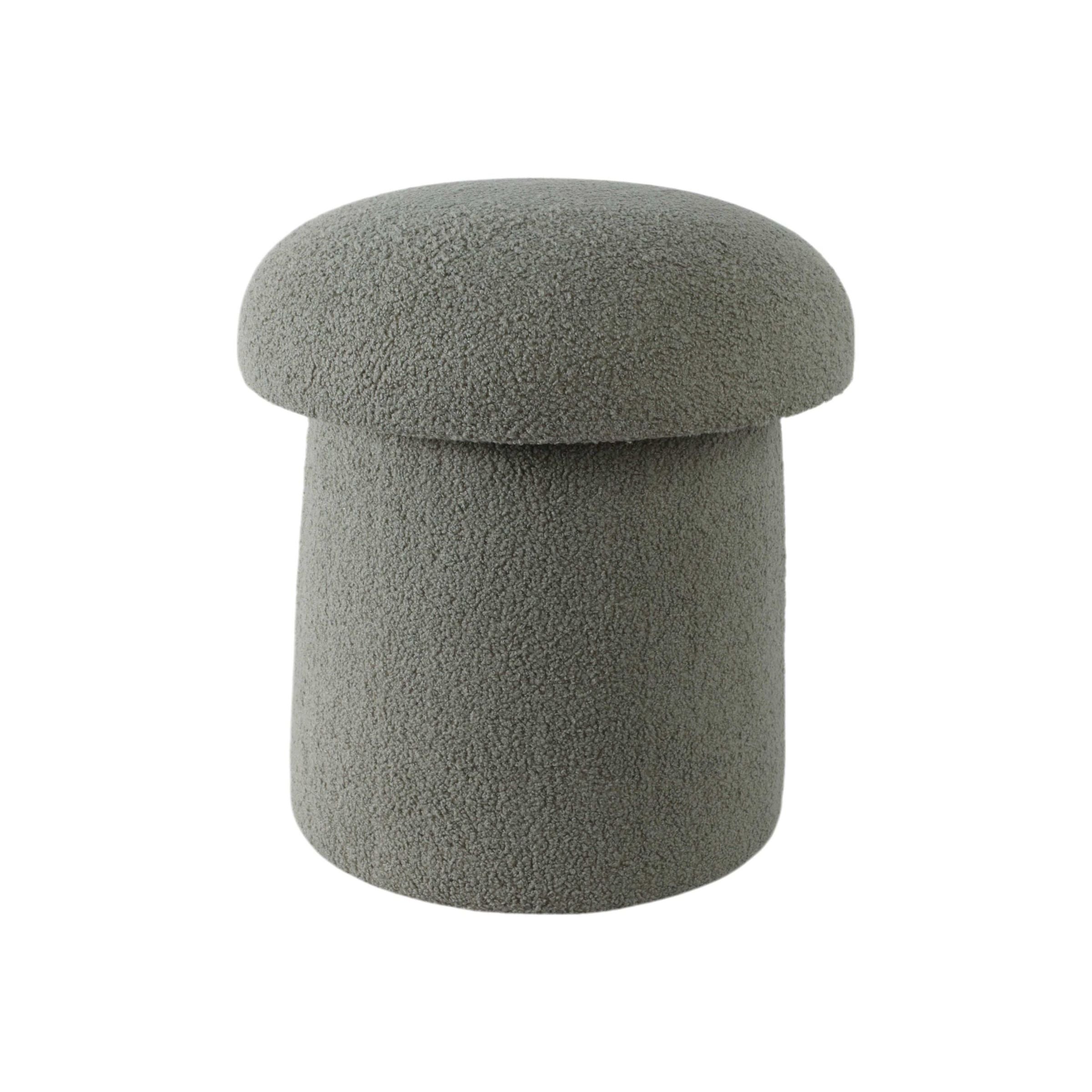 Gray textured ottoman stool with rounded top, shaped like a mushroom.