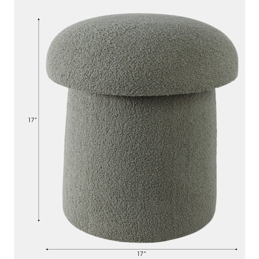 Round gray textured ottoman, 17 inches tall and wide.