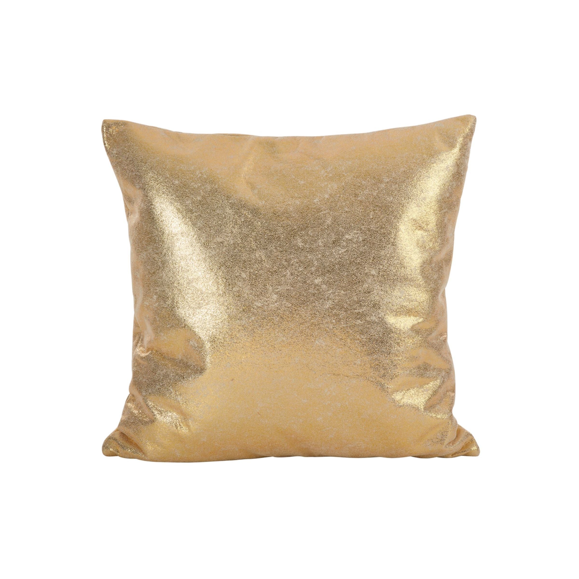 Square gold metallic throw pillow on a white background.