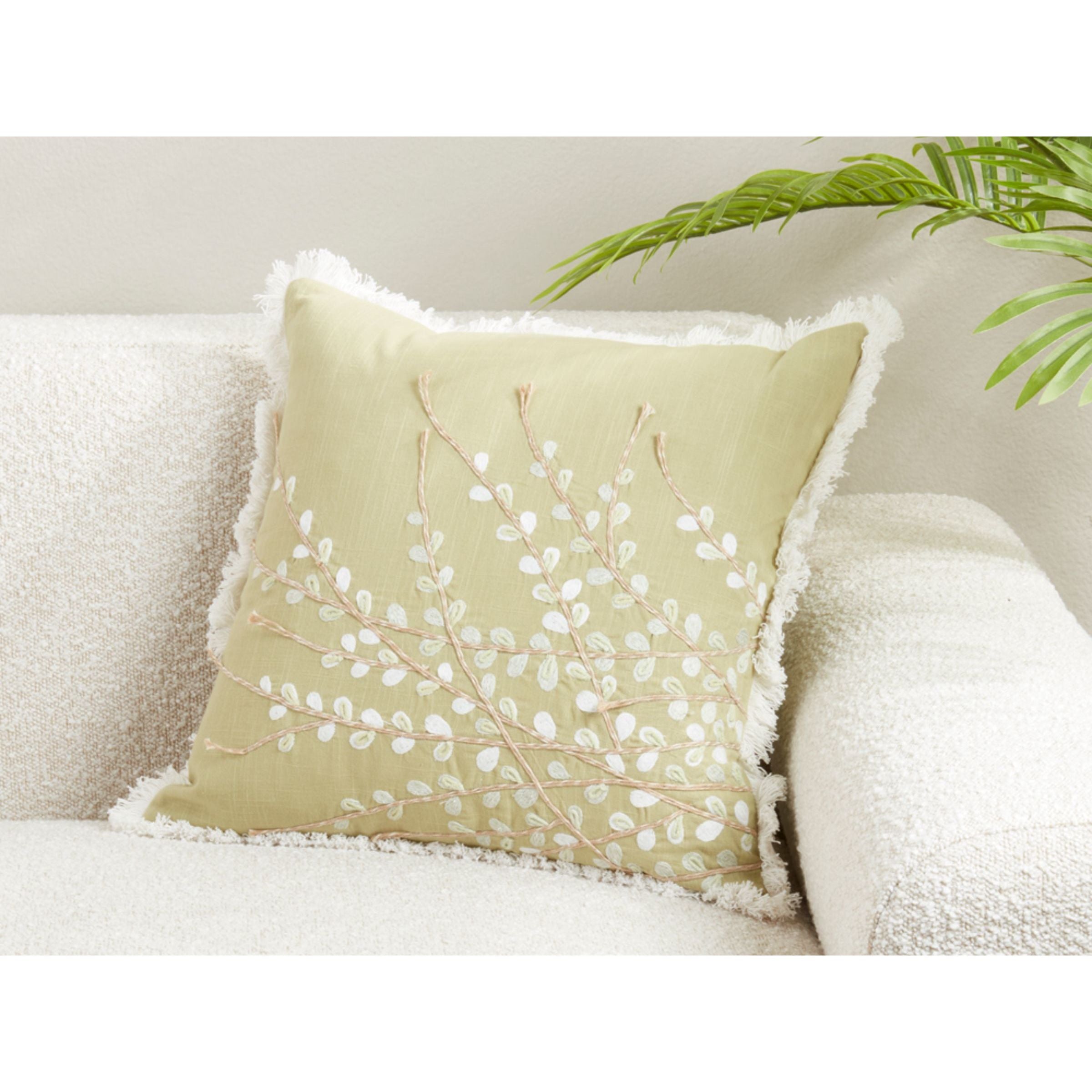 Green Embroidered Floral Poly Pillow 18"W x 18"H
