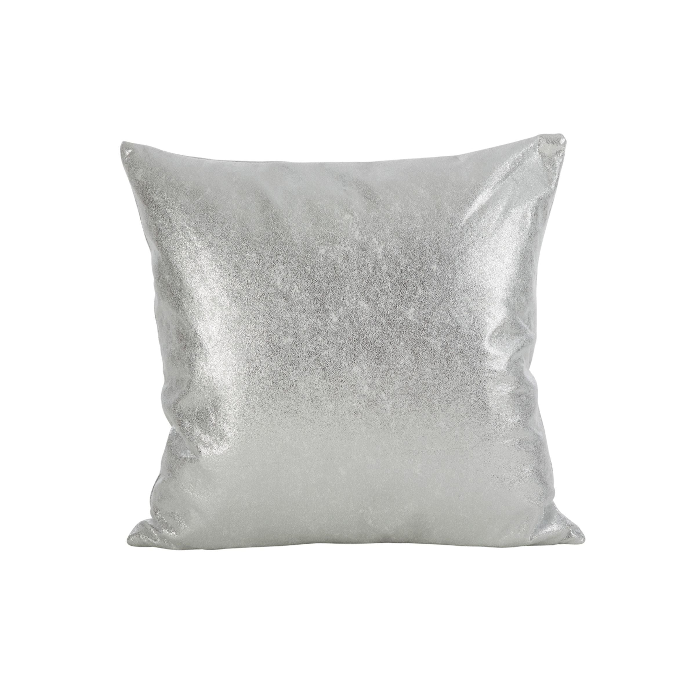Square silver throw pillow with a shiny metallic finish.
