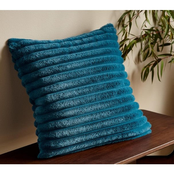 Teal Ribbed Faux Fur Poly Pillow 17"W x 17"H