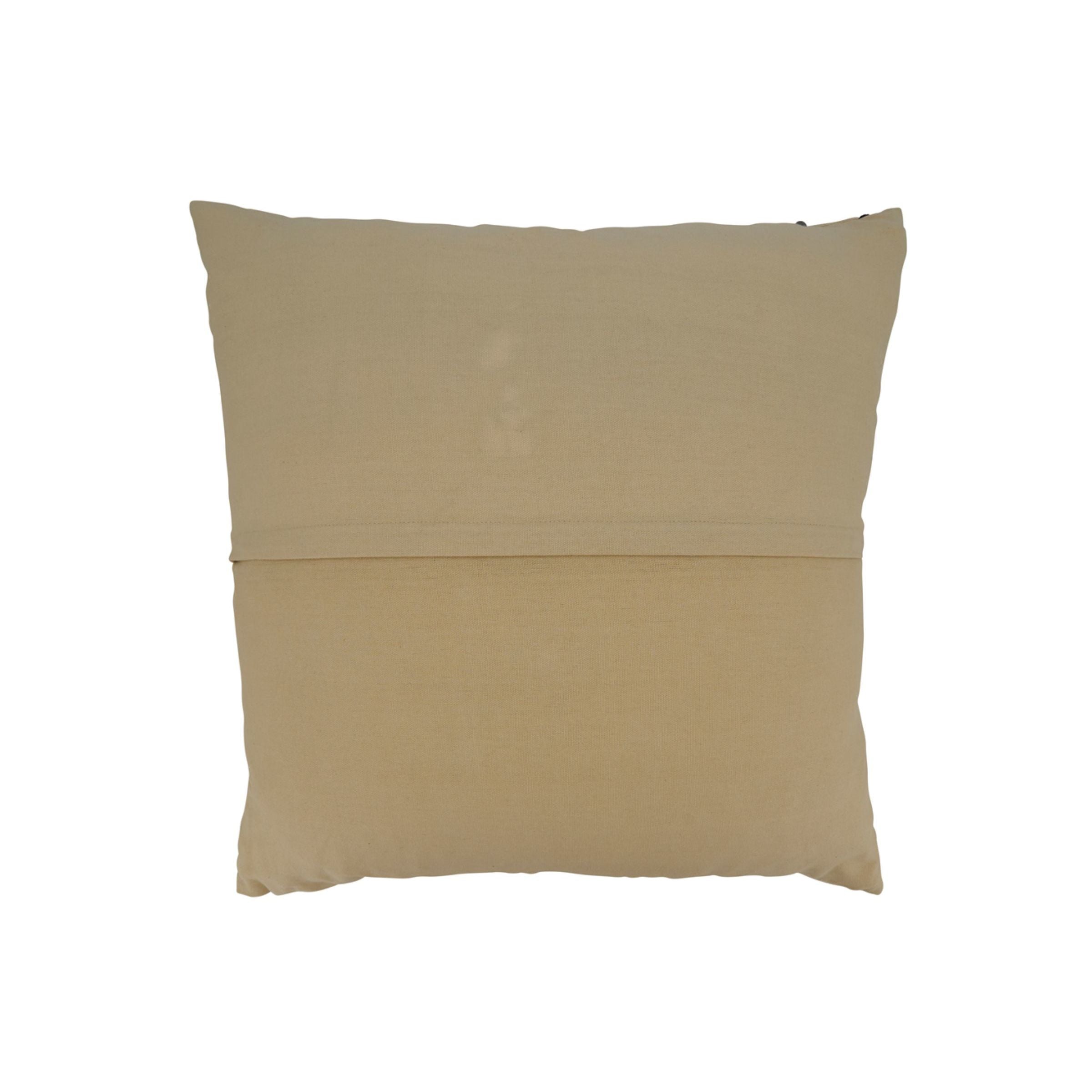 Back view of a plain beige square pillow.