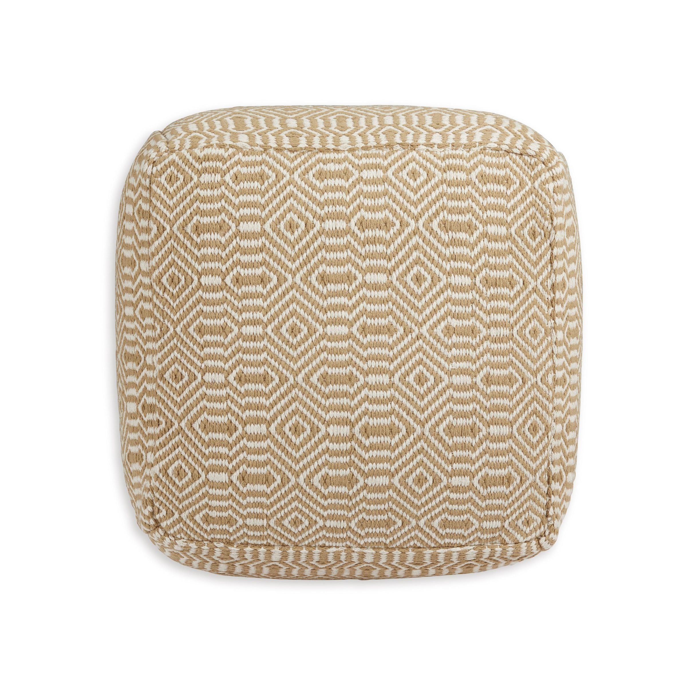 Tan and Ivory Geo Pouf 22.25"W x 14.5"H