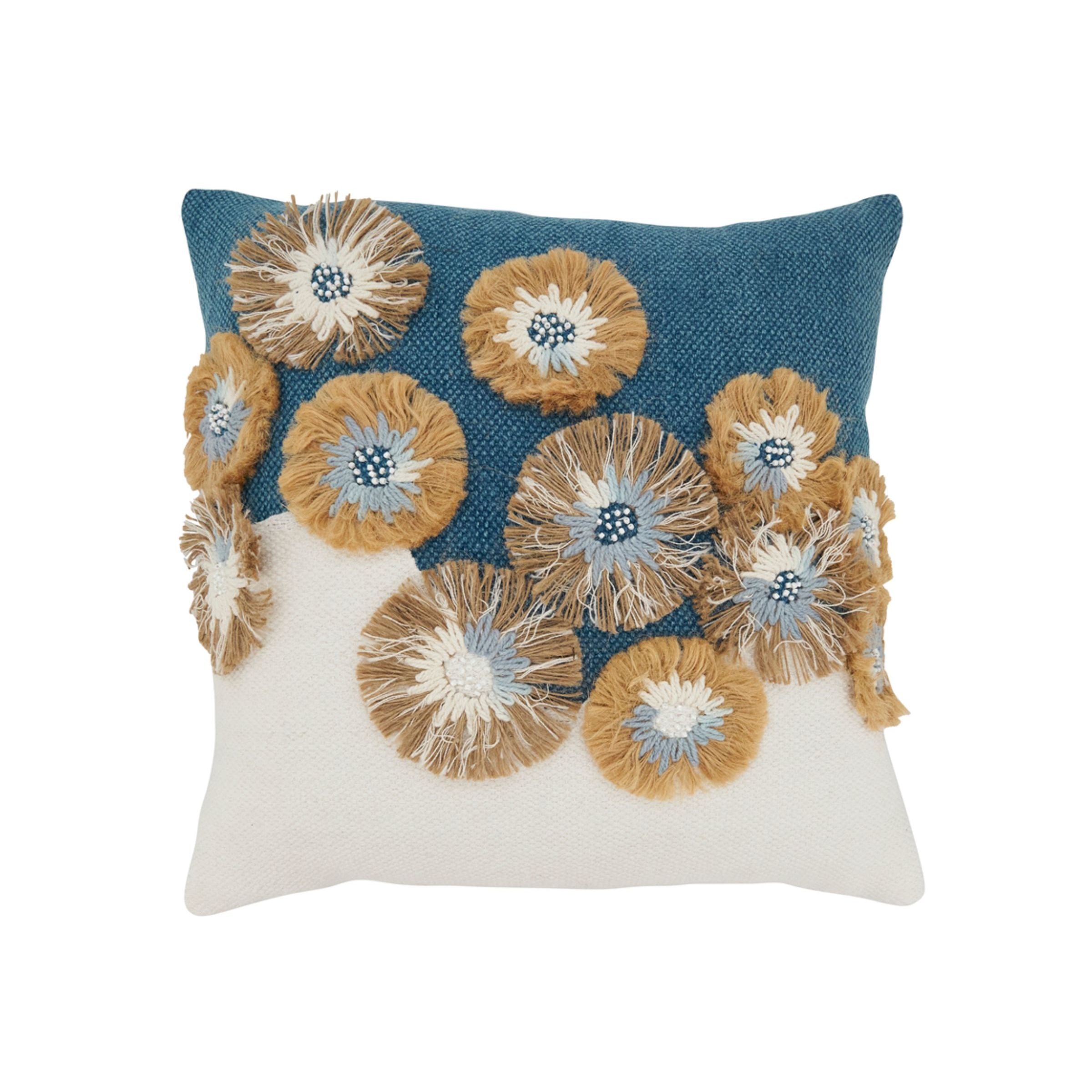 Blue Embroidered Floral Poly Pillow 18"W x 18"H