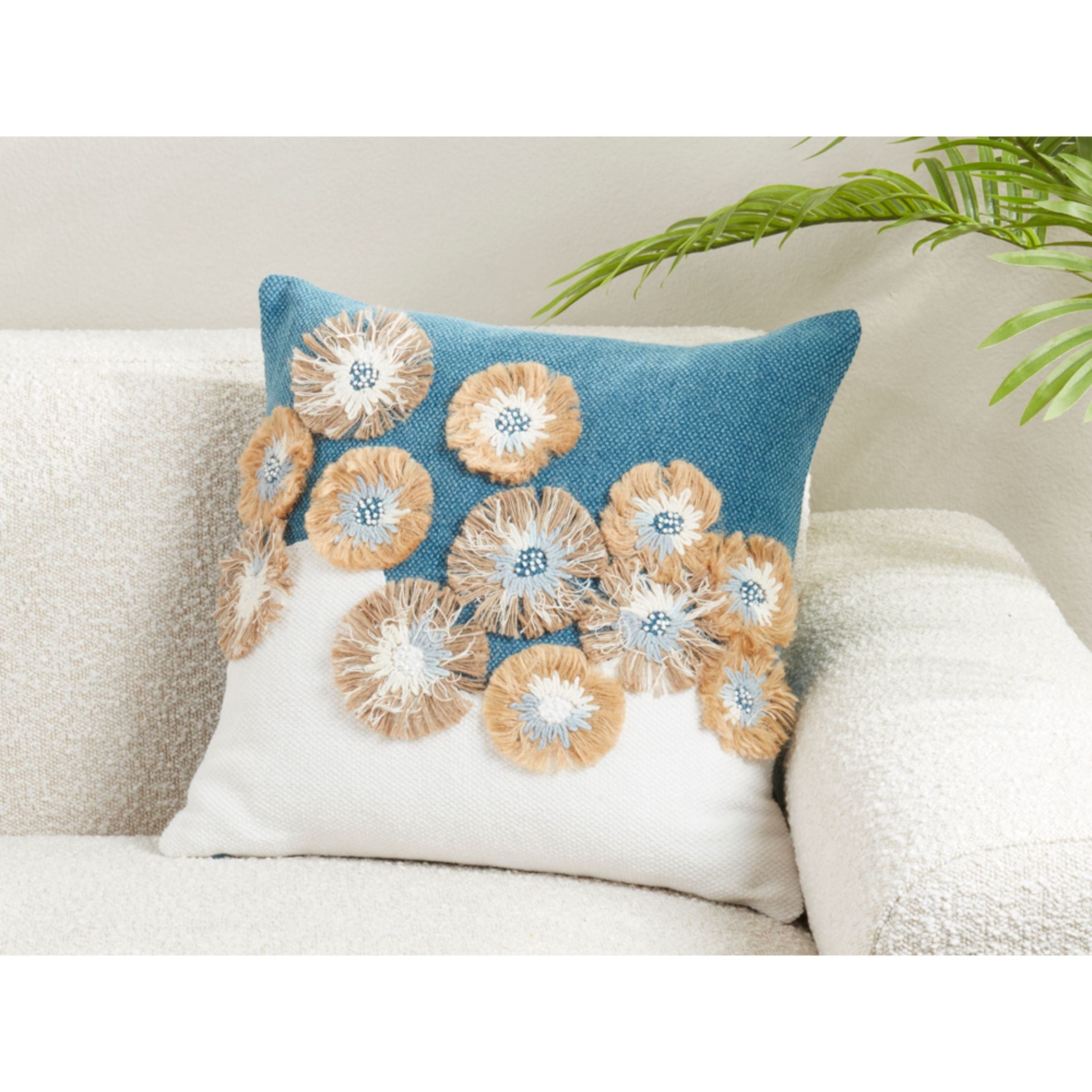 Blue Embroidered Floral Poly Pillow 18"W x 18"H