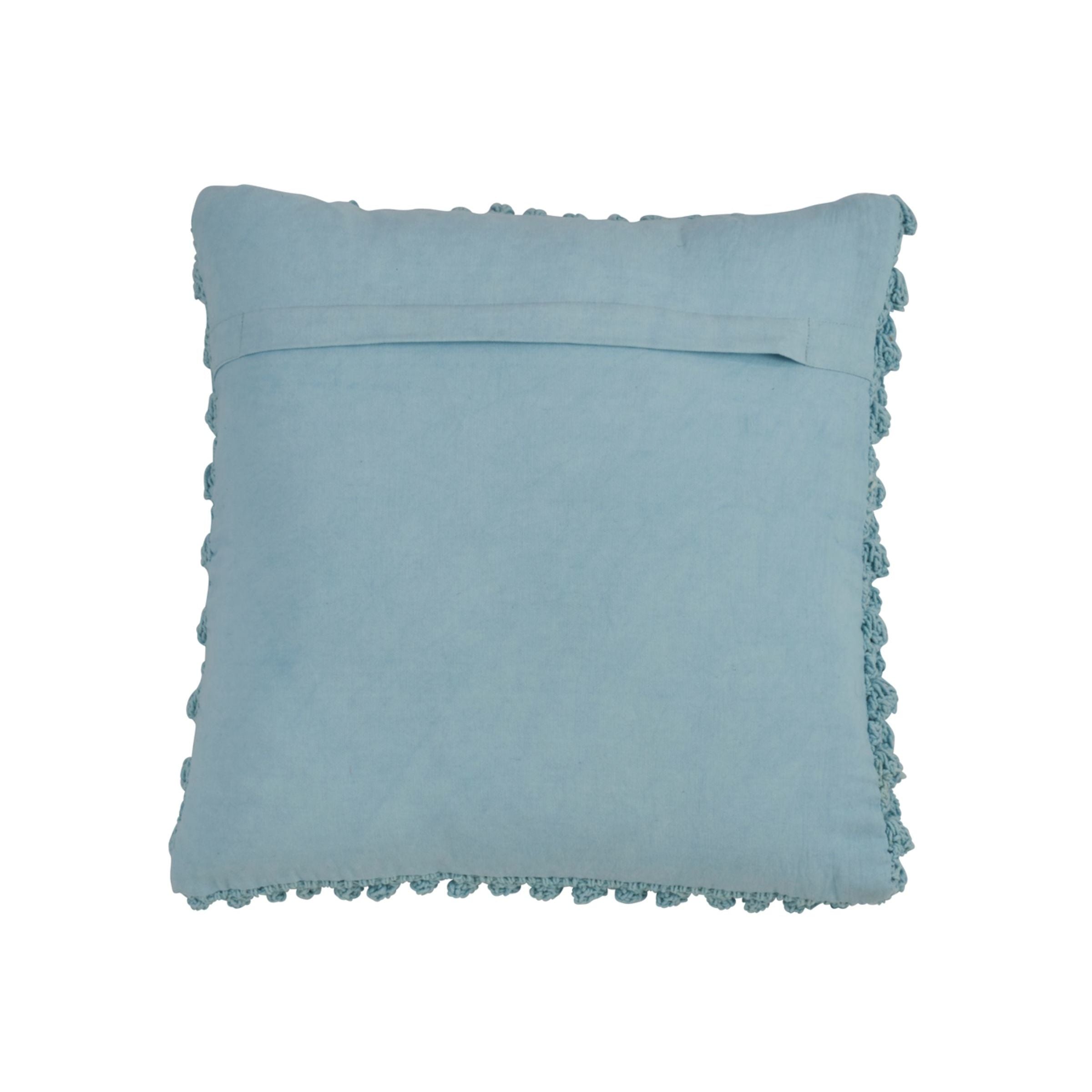 Back of a light blue square pillow with textured trim.
