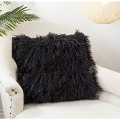 Black Faux Mongolian Fur Poly Pillow 18"W x 18"H
