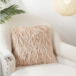Oatmeal Faux Mongolian Fur Poly Pillow 18"W x 18"H
