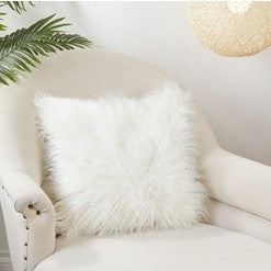 Ivory Faux Mongolian Fur Poly Pillow 18"W x 18"H