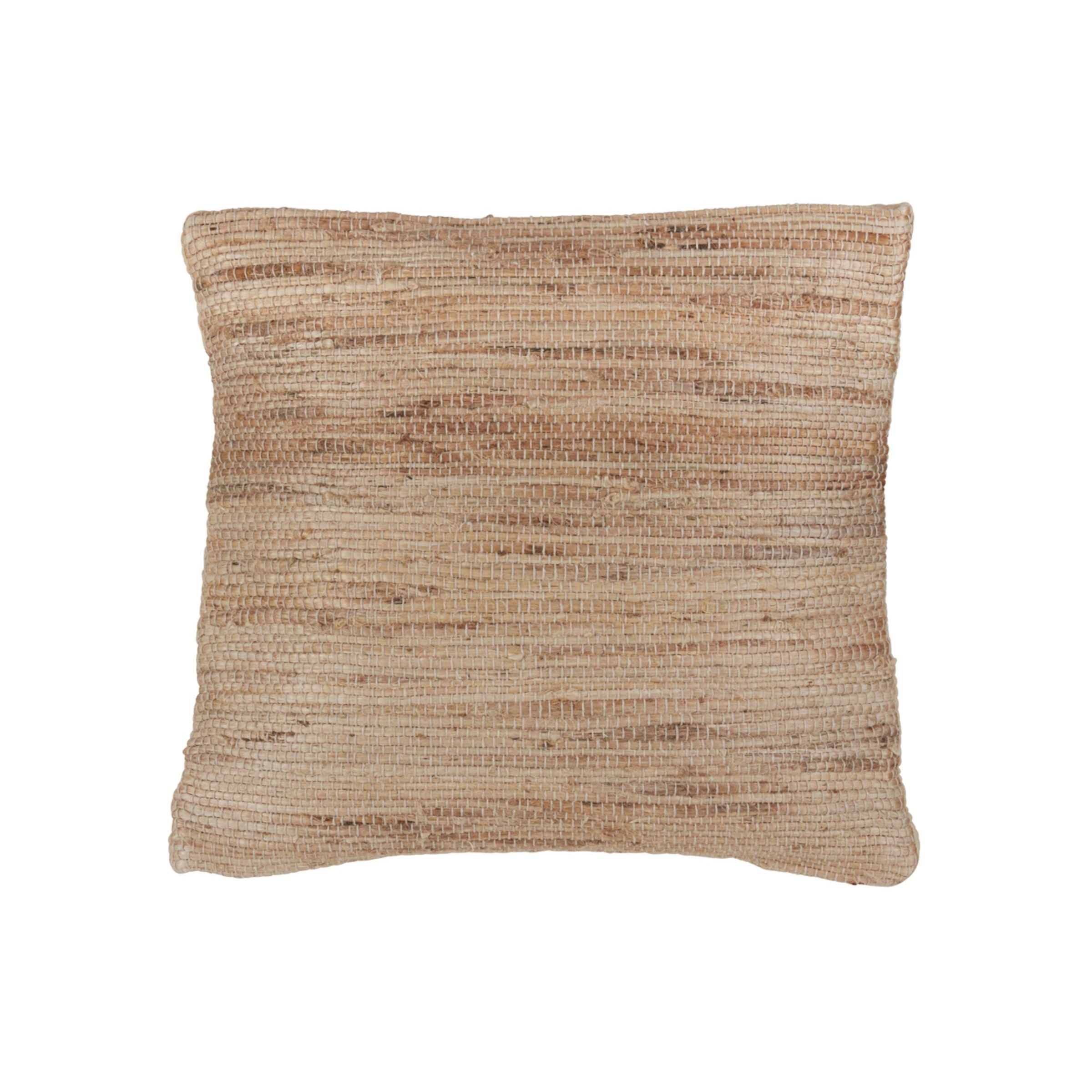 Square woven tan pillow with textured surface, shown on a white background.
