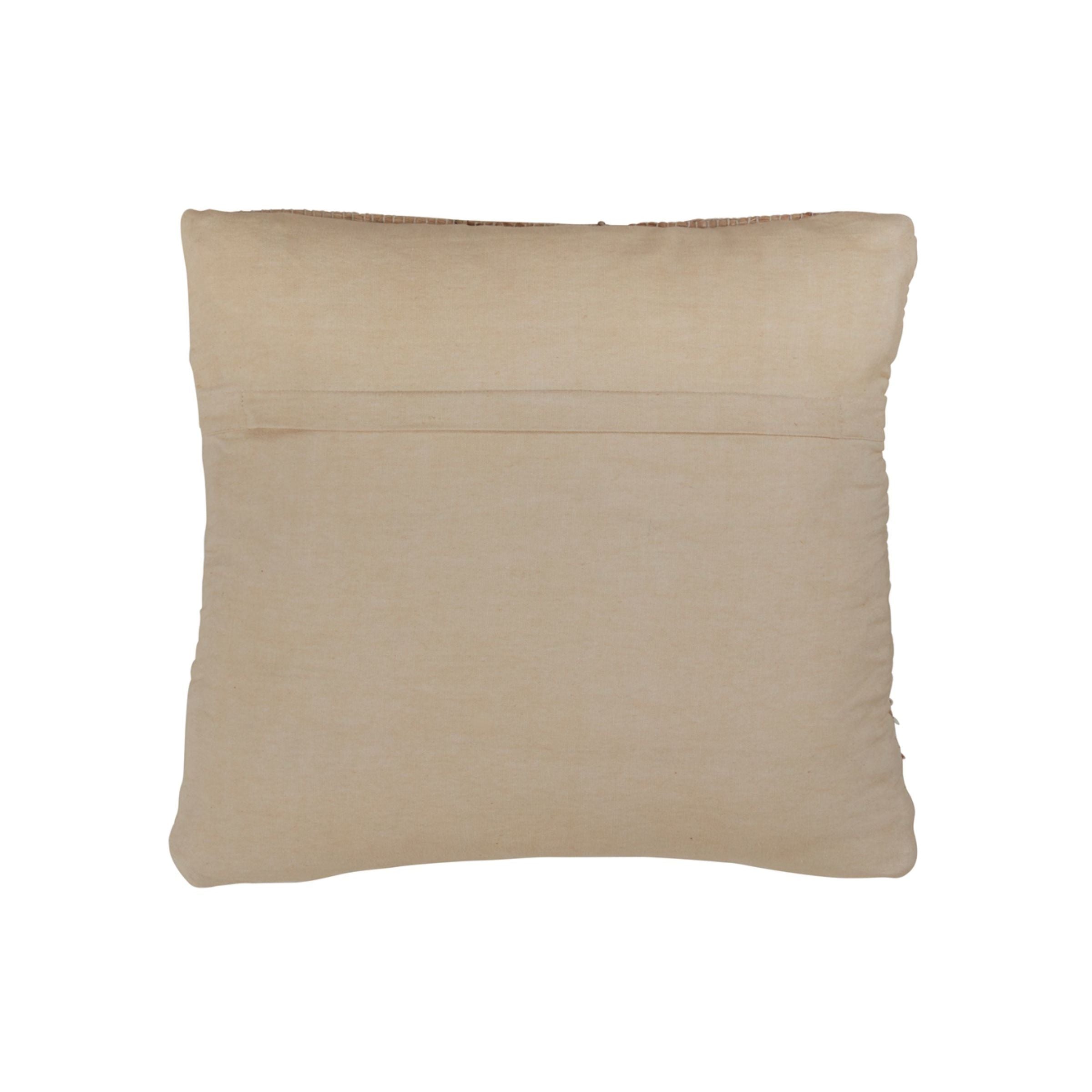 Back view of a plain beige pillow with a horizontal flap opening.