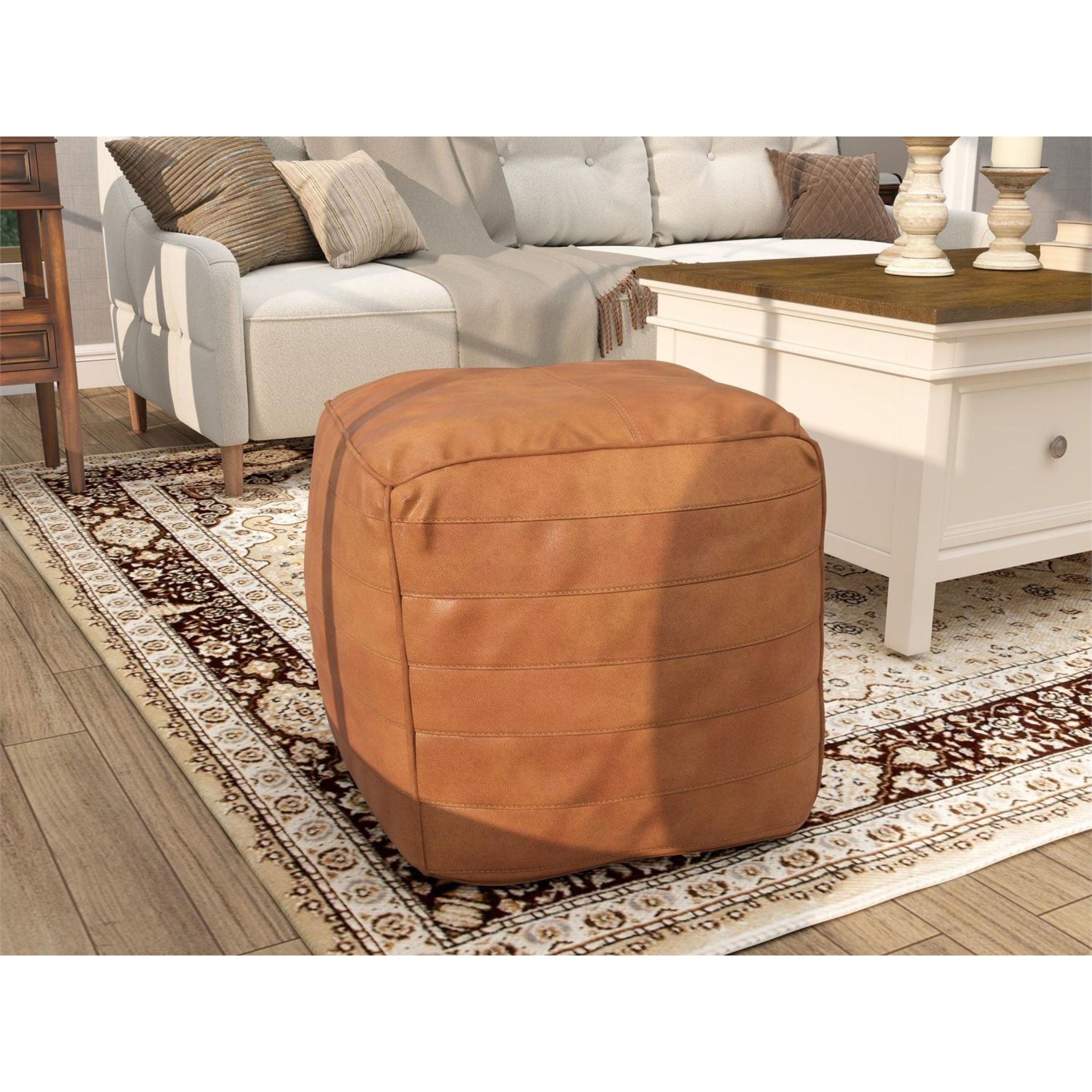 Caramel Leather Pouf 21"W x 18"H