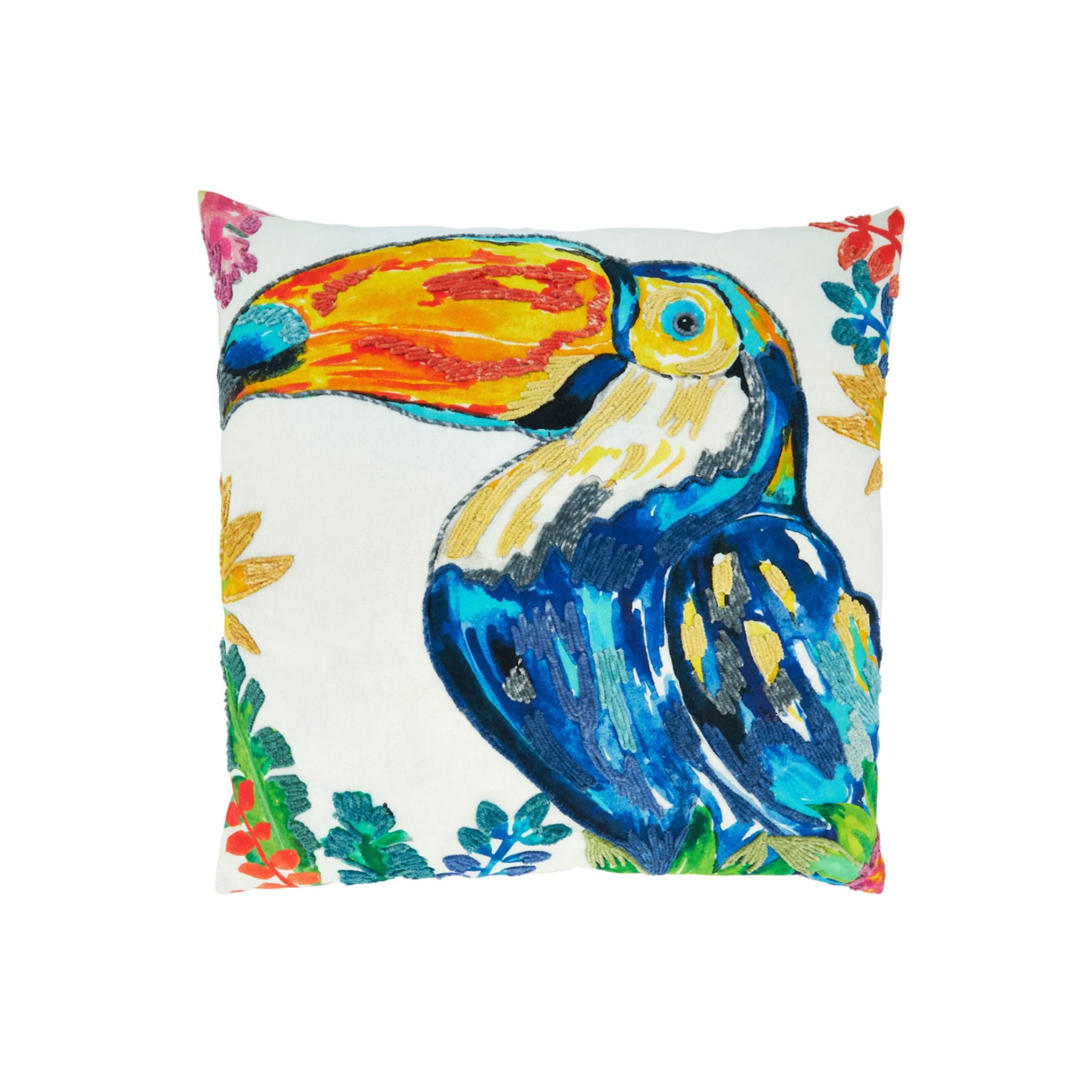 Square pillow with colorful embroidered toucan and floral accents on white background.