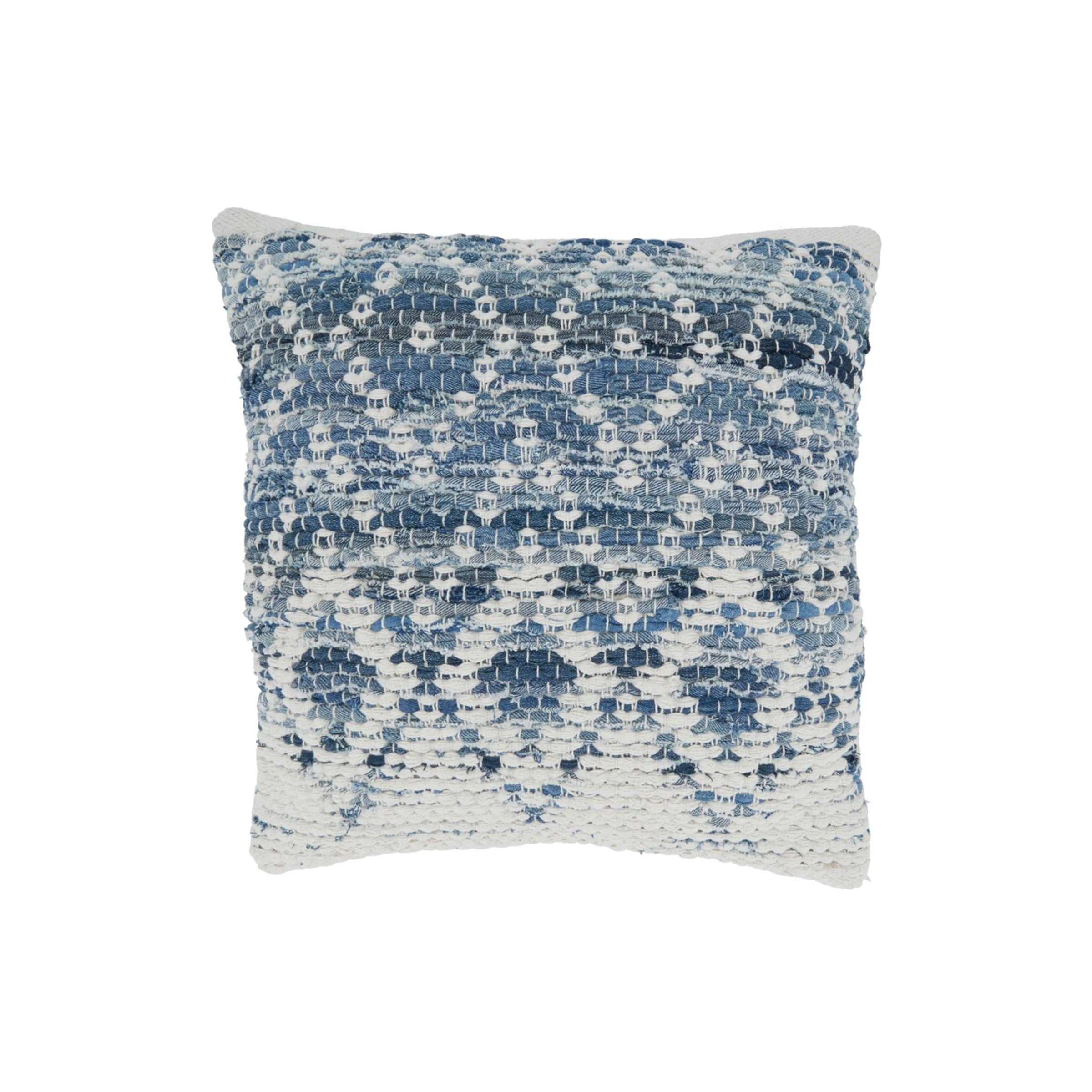 Square woven throw pillow with blue and white textured pattern.