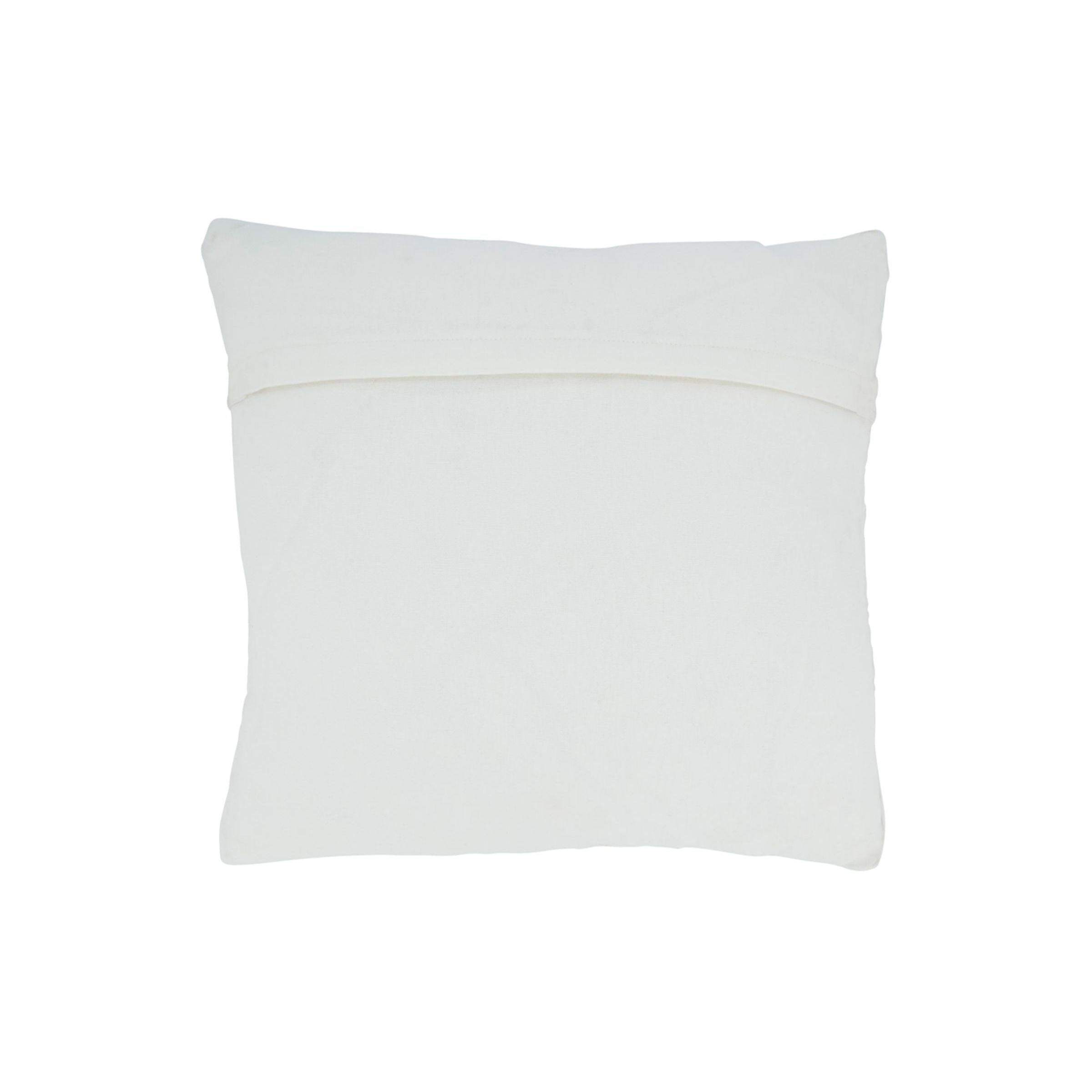 Back view of a plain white square pillow against a white background.