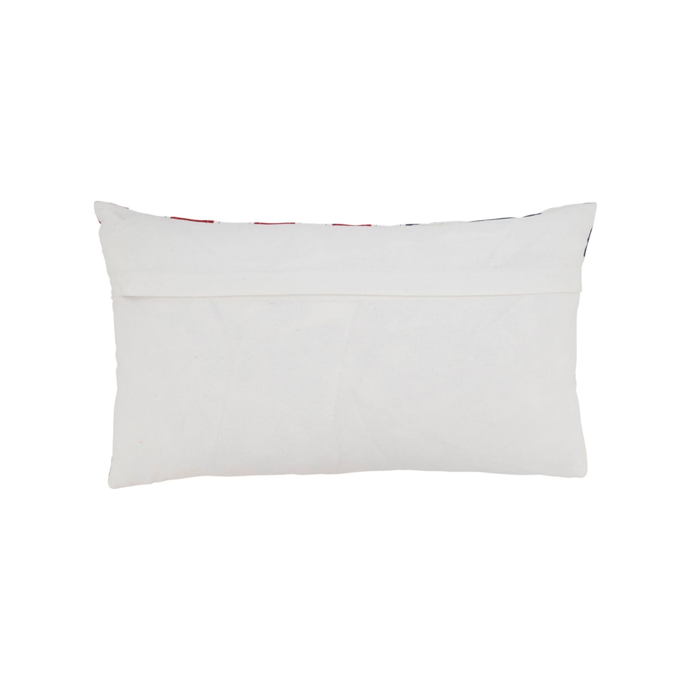 Back view of a white rectangular pillow with a flap closure.