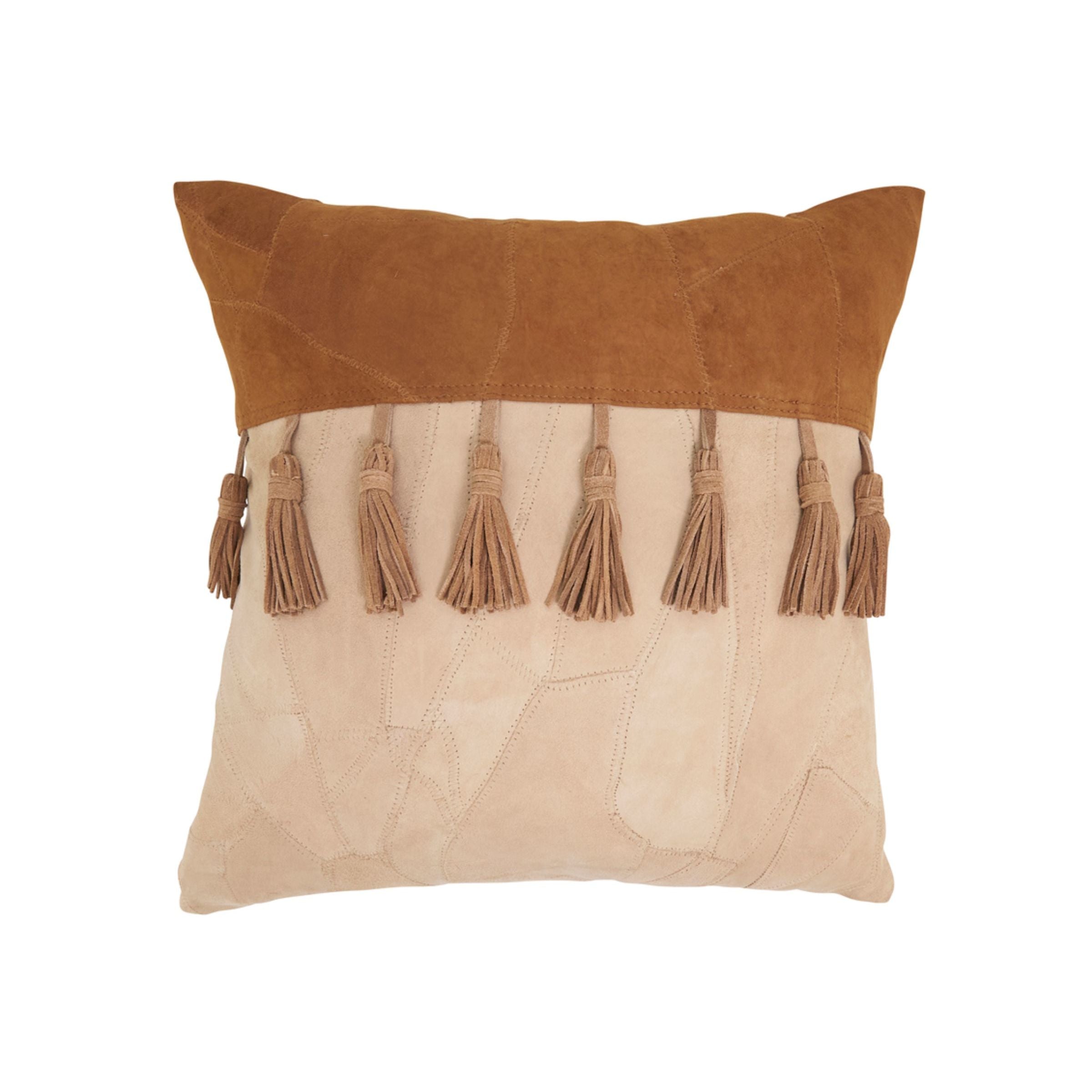 Natural Patchwork Leather Tasseled Poly Pillow 16"W x 16"H