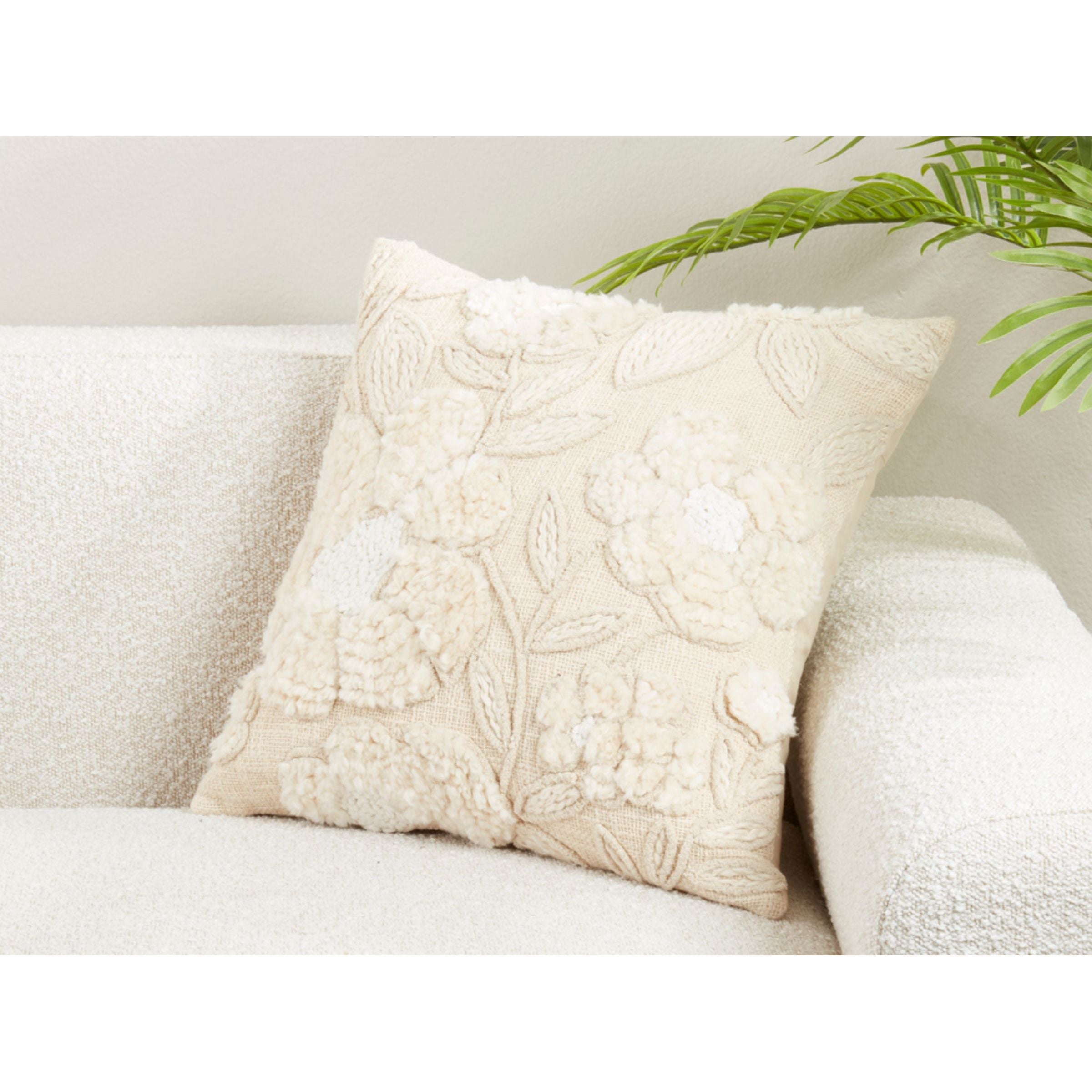 Natural Embroidered Floral Poly Pillow 20"W x 20"H