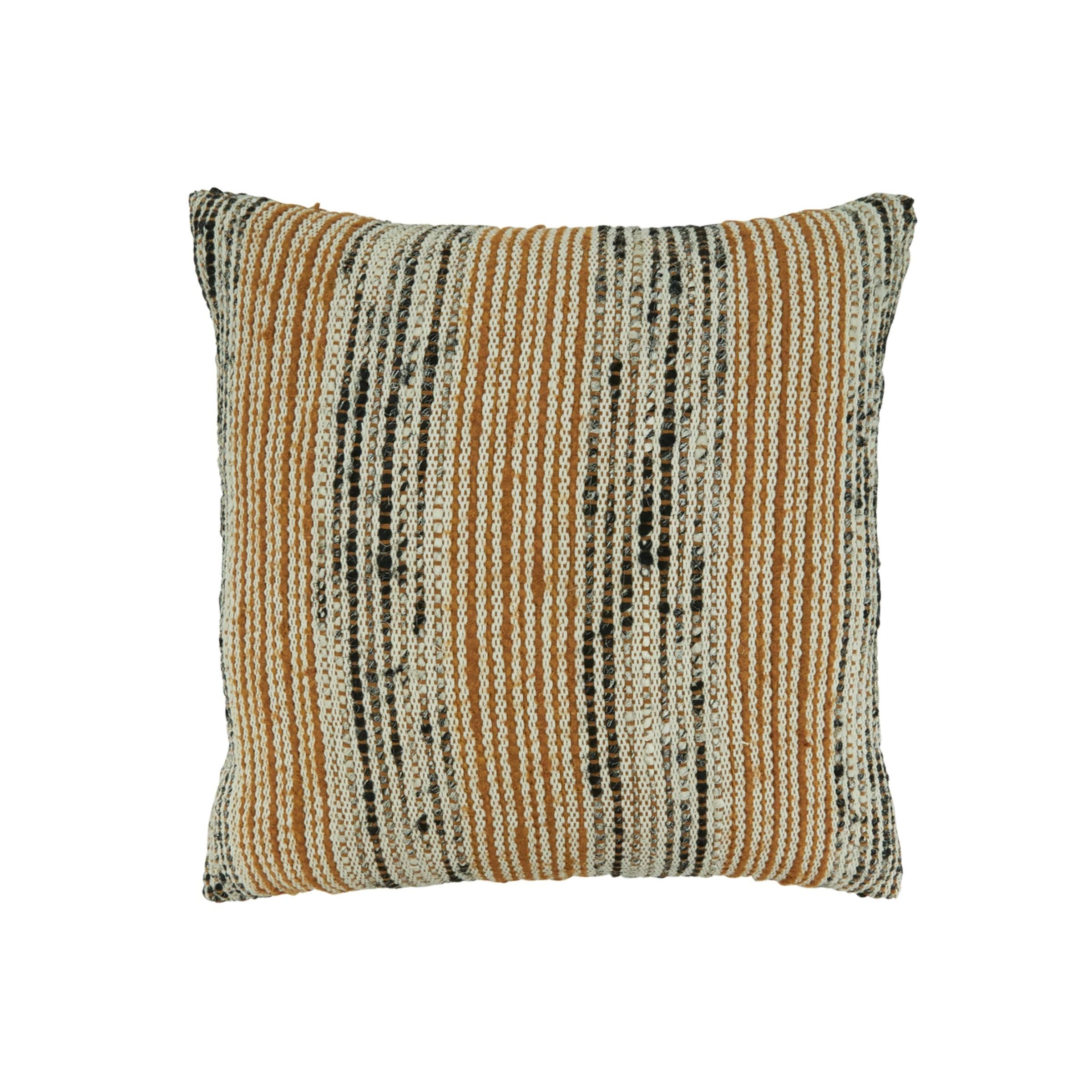 Square throw pillow with woven vertical stripes in tan, cream, and black.