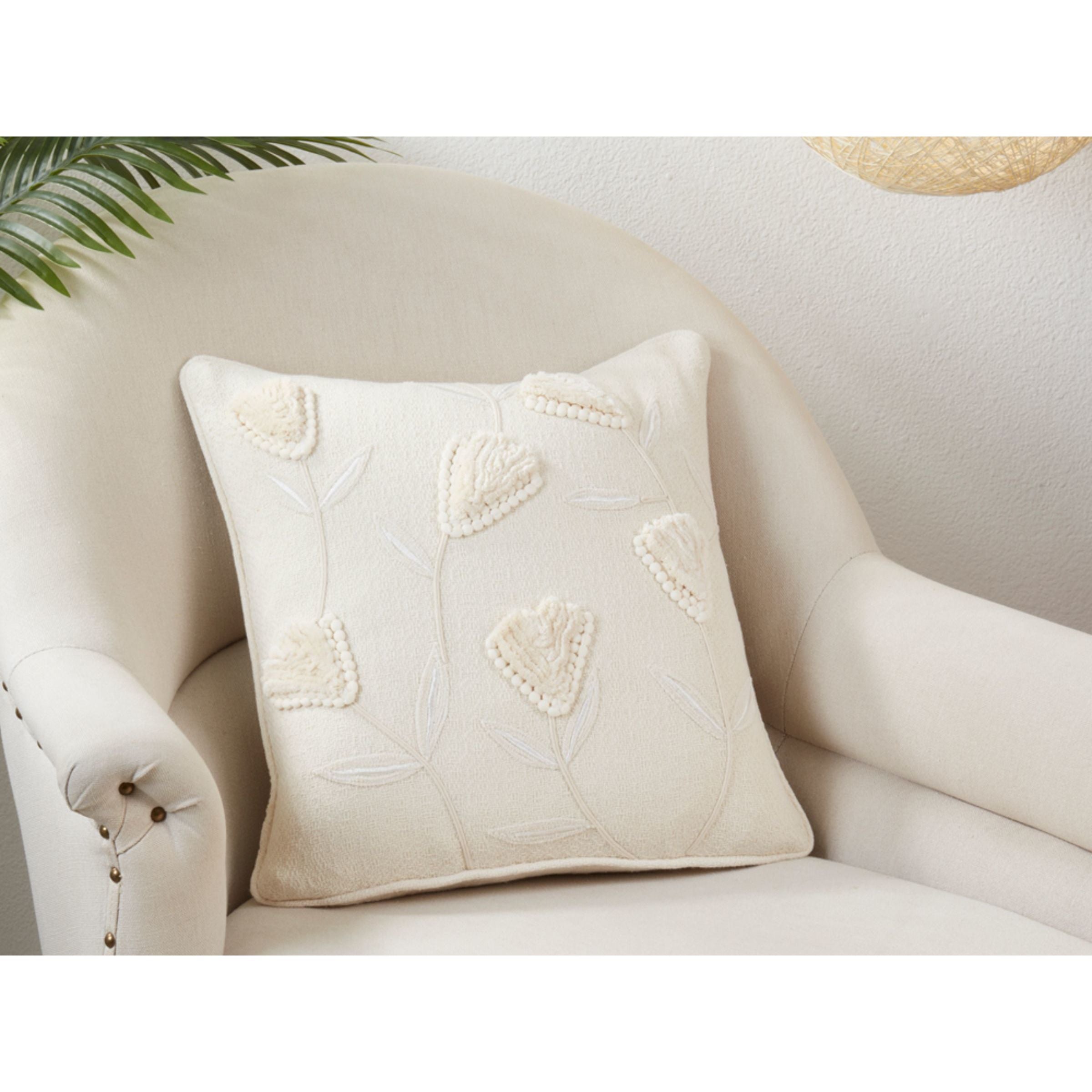 Ivory Flower Applique Poly Pillow 18"W x 18"H