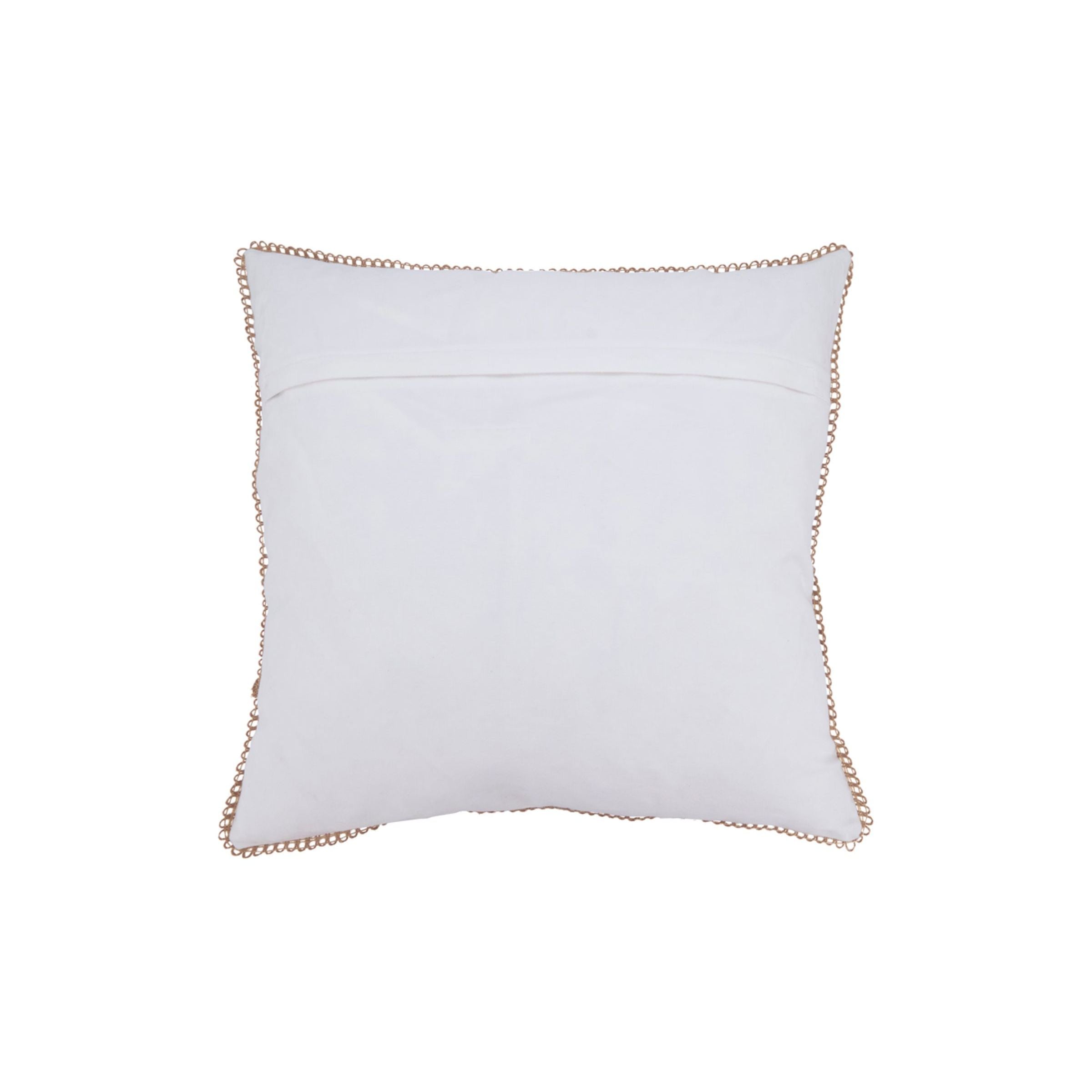 Back view of a white square pillow with decorative tan trim.