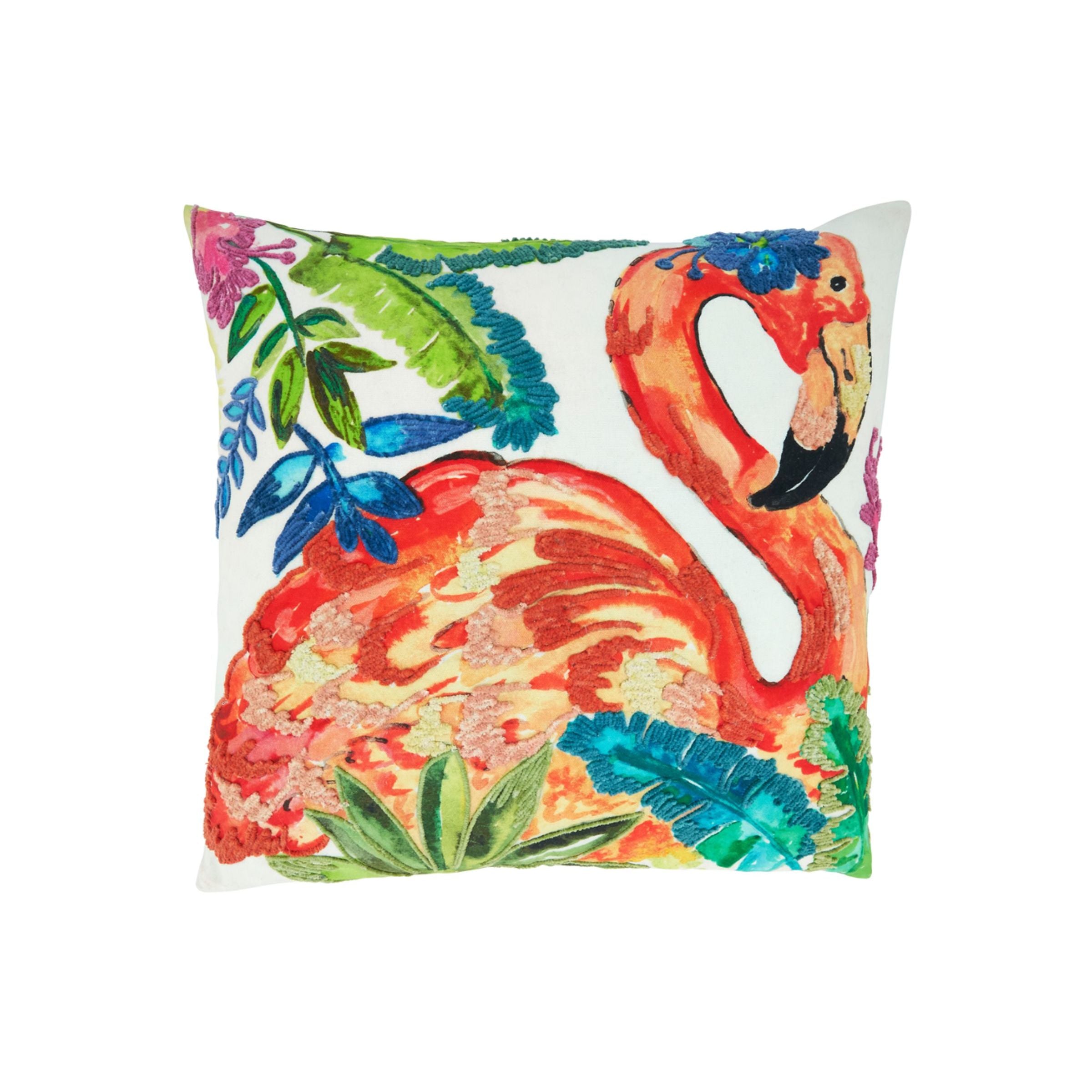 Decorative pillow with a colorful flamingo and tropical leaves design.