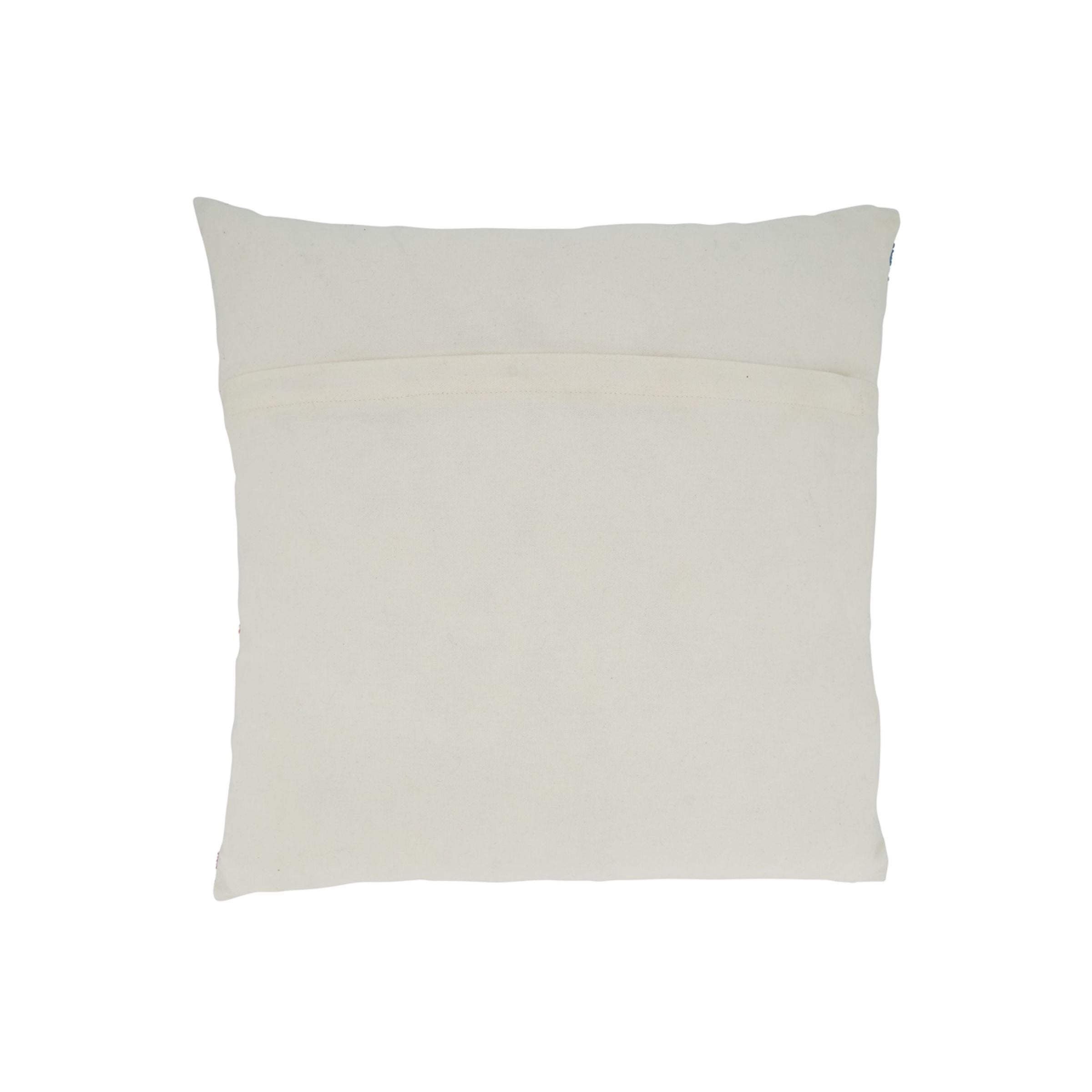 Back view of a plain, square, off-white pillow with a horizontal opening.