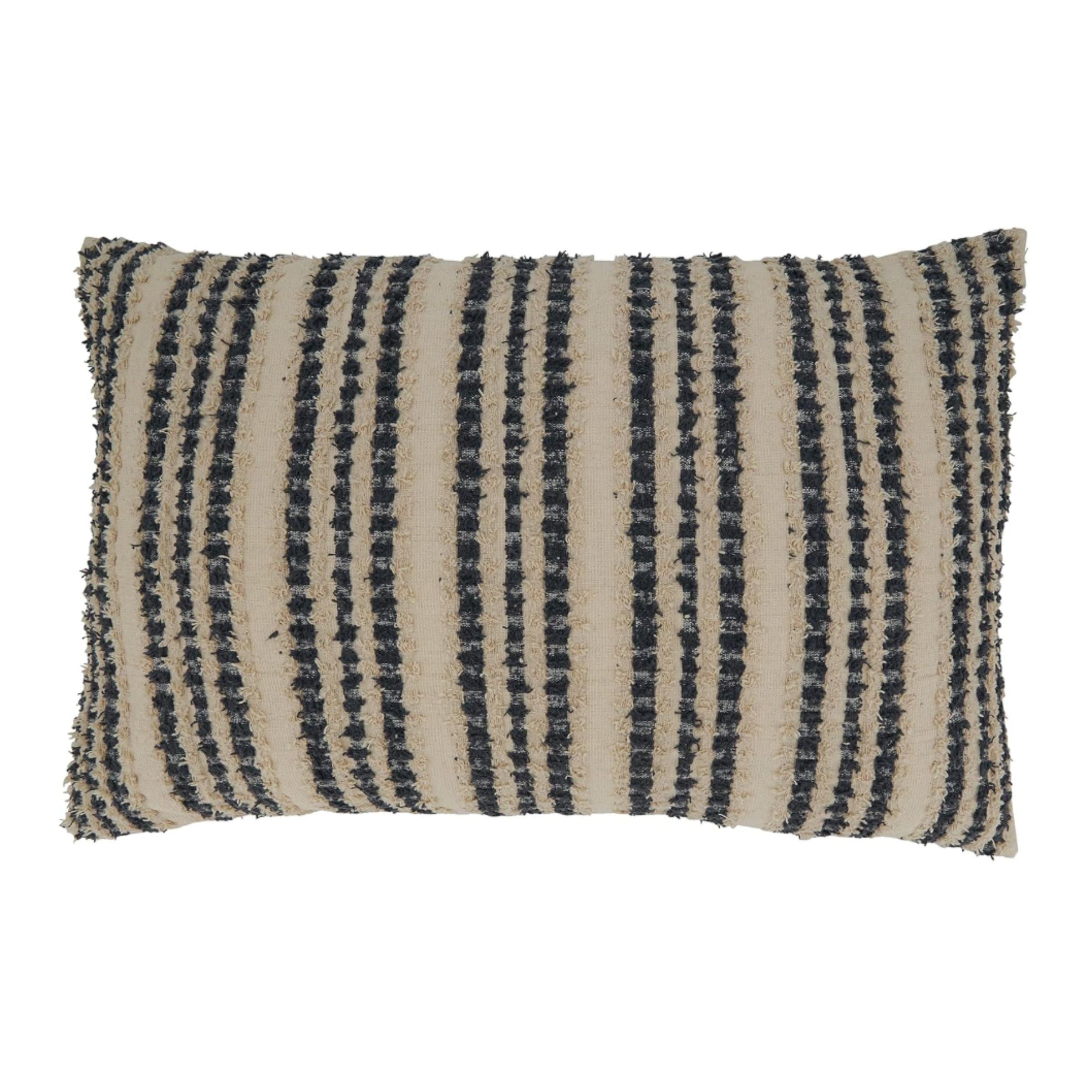 Rectangular beige pillow with textured black vertical stripes.