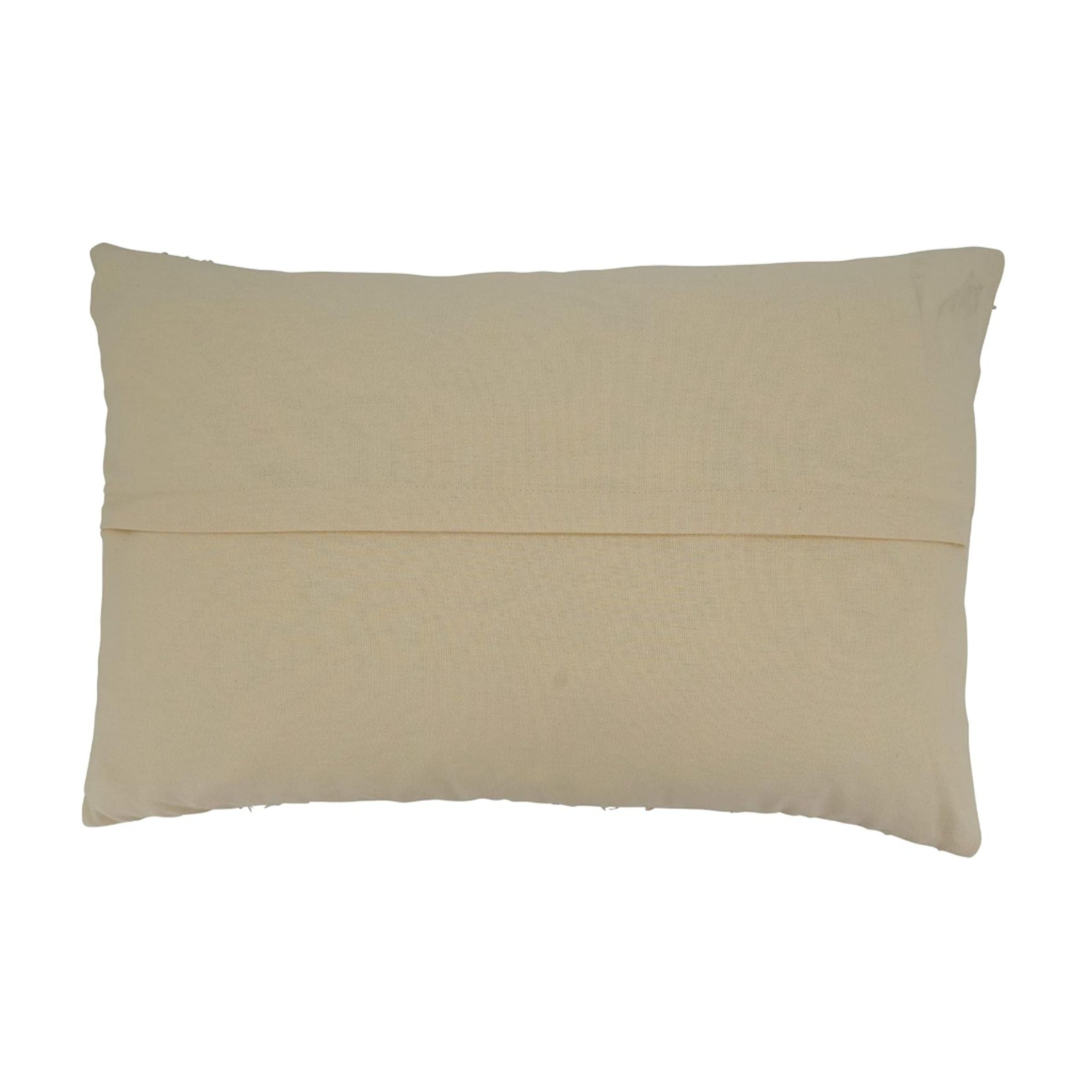 Back view of a plain beige rectangular pillow against a white background.