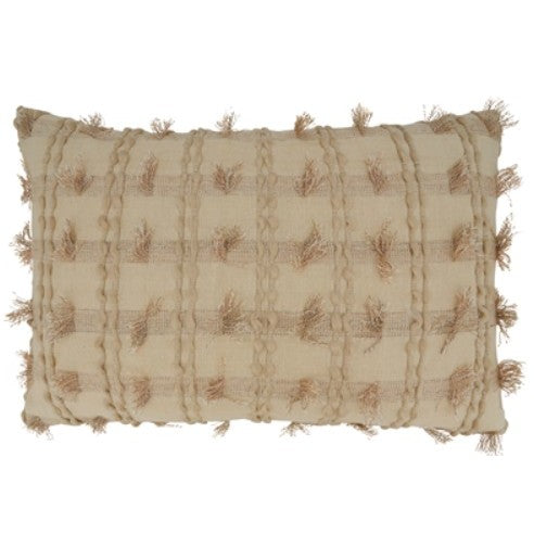 Rectangular textured cream throw pillow with knotted fringe accents.