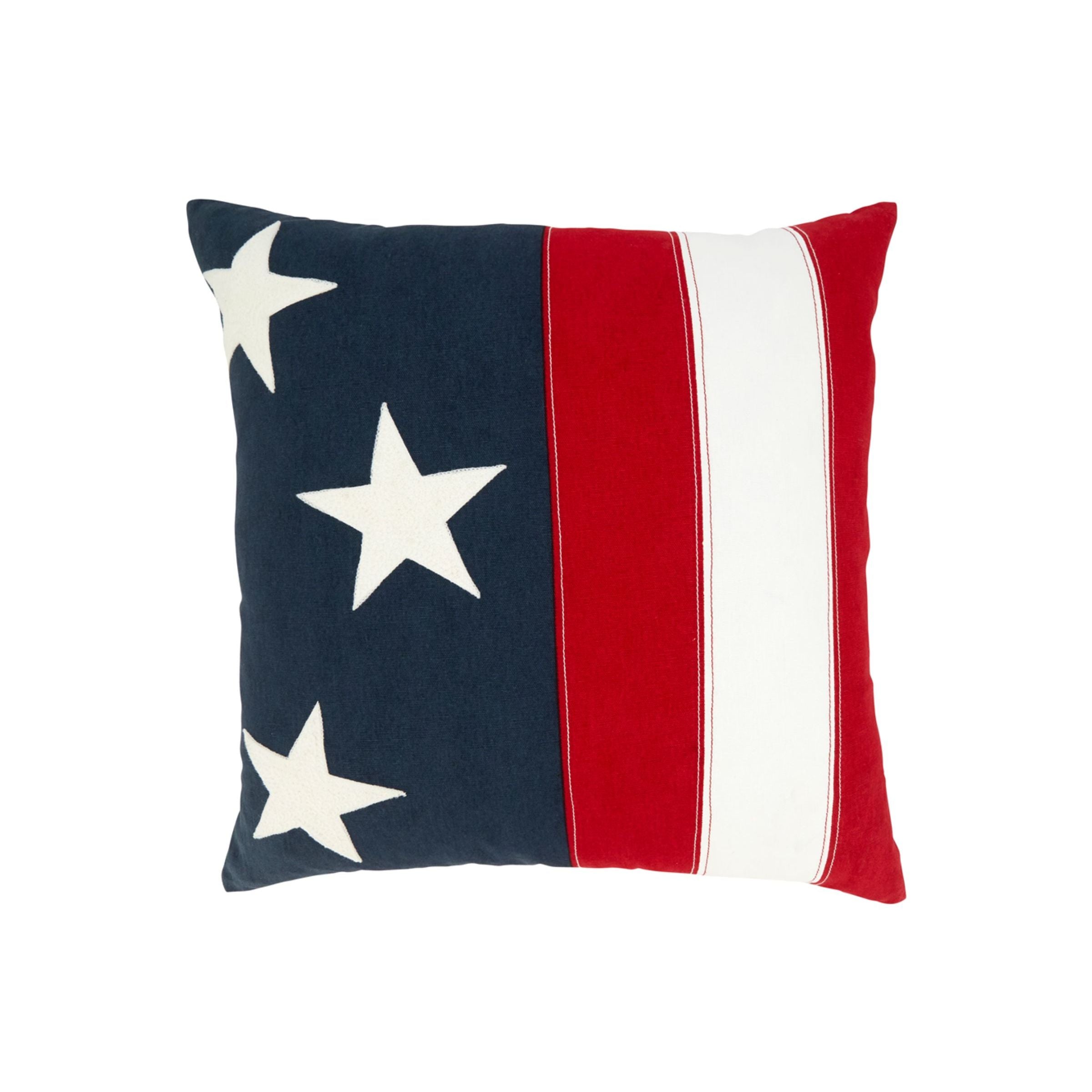Square pillow with American flag-inspired stars and stripes design in red, white, and blue.