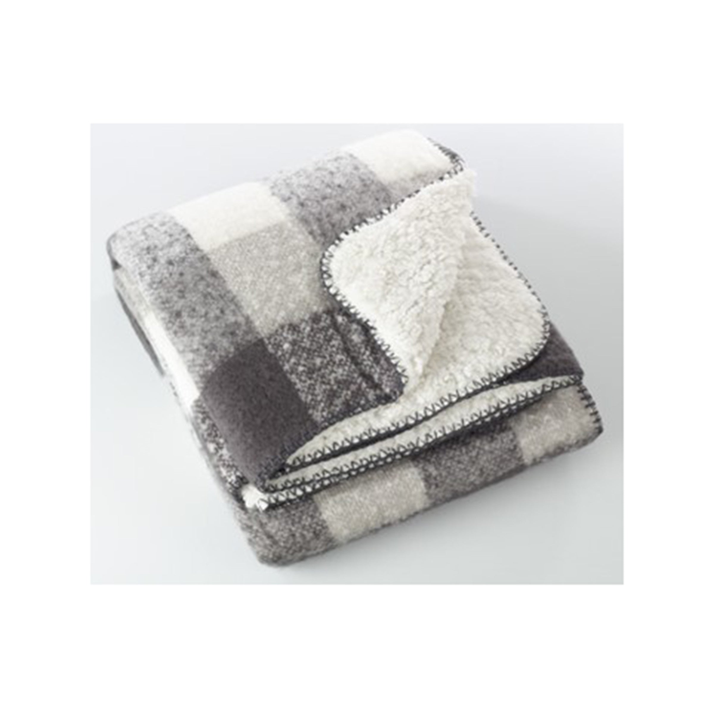Light Grey Plaid Faux Mohair and Sherpa Throw 50"W x 60"L
