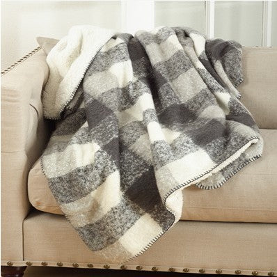 Light Grey Plaid Faux Mohair and Sherpa Throw 50"W x 60"L