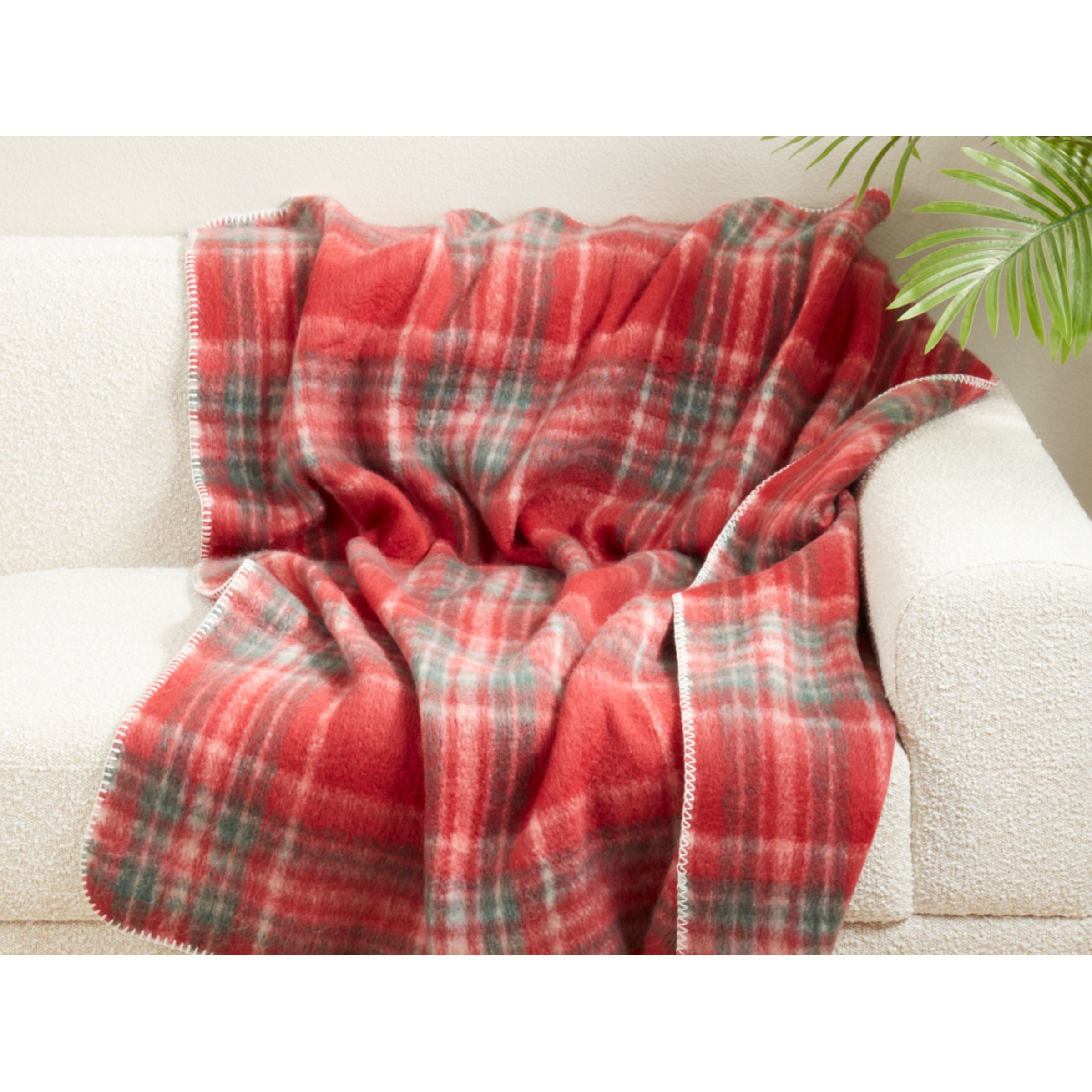 Red Plaid Faux Mohair Throw 50"W x 60"L